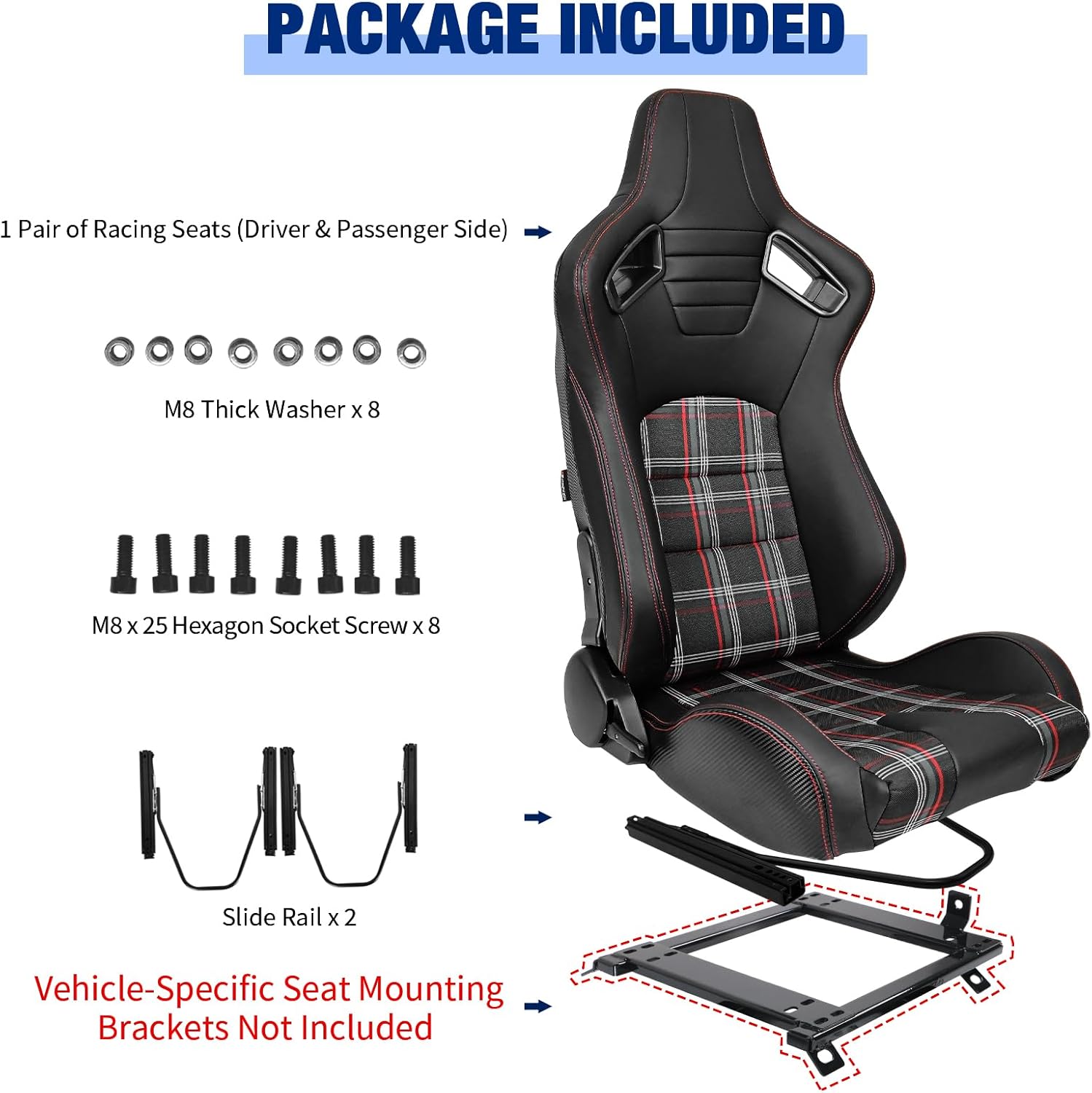 FREEMOTOR802 Racing Seats with Dual Lock Sliders, Universal For Most Cars Vehicles First Row, 1 Pair Reclinable Sport Bucket Seats, PU Plaid Fabric Carbon Fiber Look Leatherette, Black Red