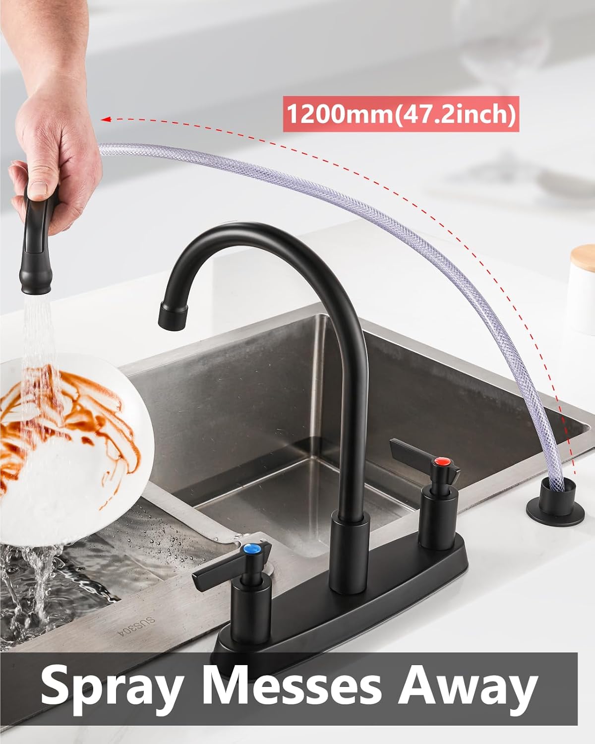 Kitchen Faucet with Sprayer 2 Handle Kitchen Sink Faucets 8 Inch Centerset 3 Hole with Supply Lines Matte Black - Image 3