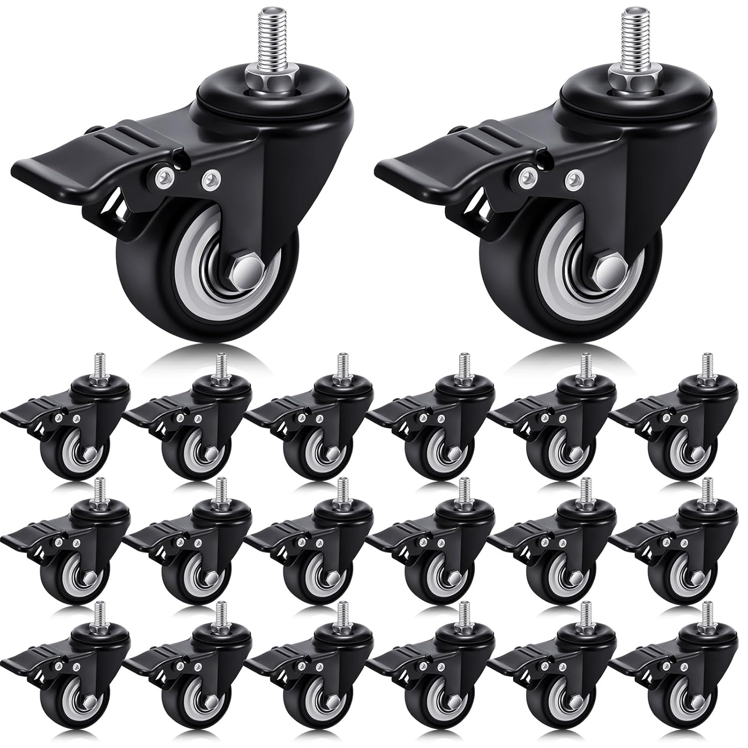 Set of 20 M8 Caster Wheels 2 Inch M8 x 15 mm Swivel Threaded Stem Caster Locking Standing Desk Wheels Heavy Duty 360° Polyurethane with Dual Brake, No Noise, 400 lb for Cart Desk Furniture