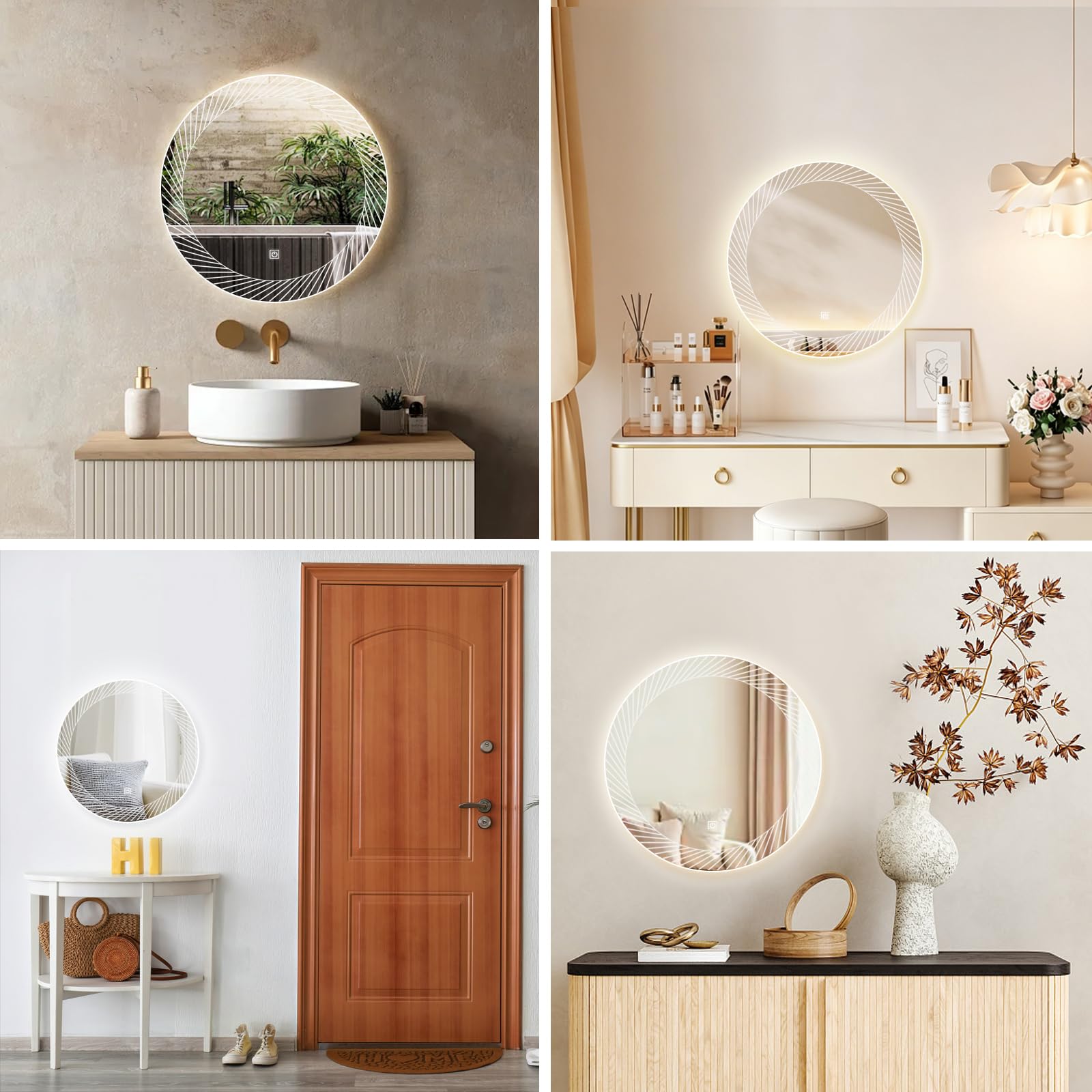 Rund Badezimmer Wandspiegel mit LED Beleuchtung, 50cm | Spiegel mit Linienmuster Licht, Touch Schalter, 3 Farben Dimmbar,