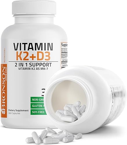 Vista 12 de Bronson Suplemento de vitamina K2 D3 (MK7) Fórmula sin OMG Vitamina D3 5000IU (125 mcg) y 90 mcg K2 MK-7, complejo D y K fácil de tragar, 60 cápsulas