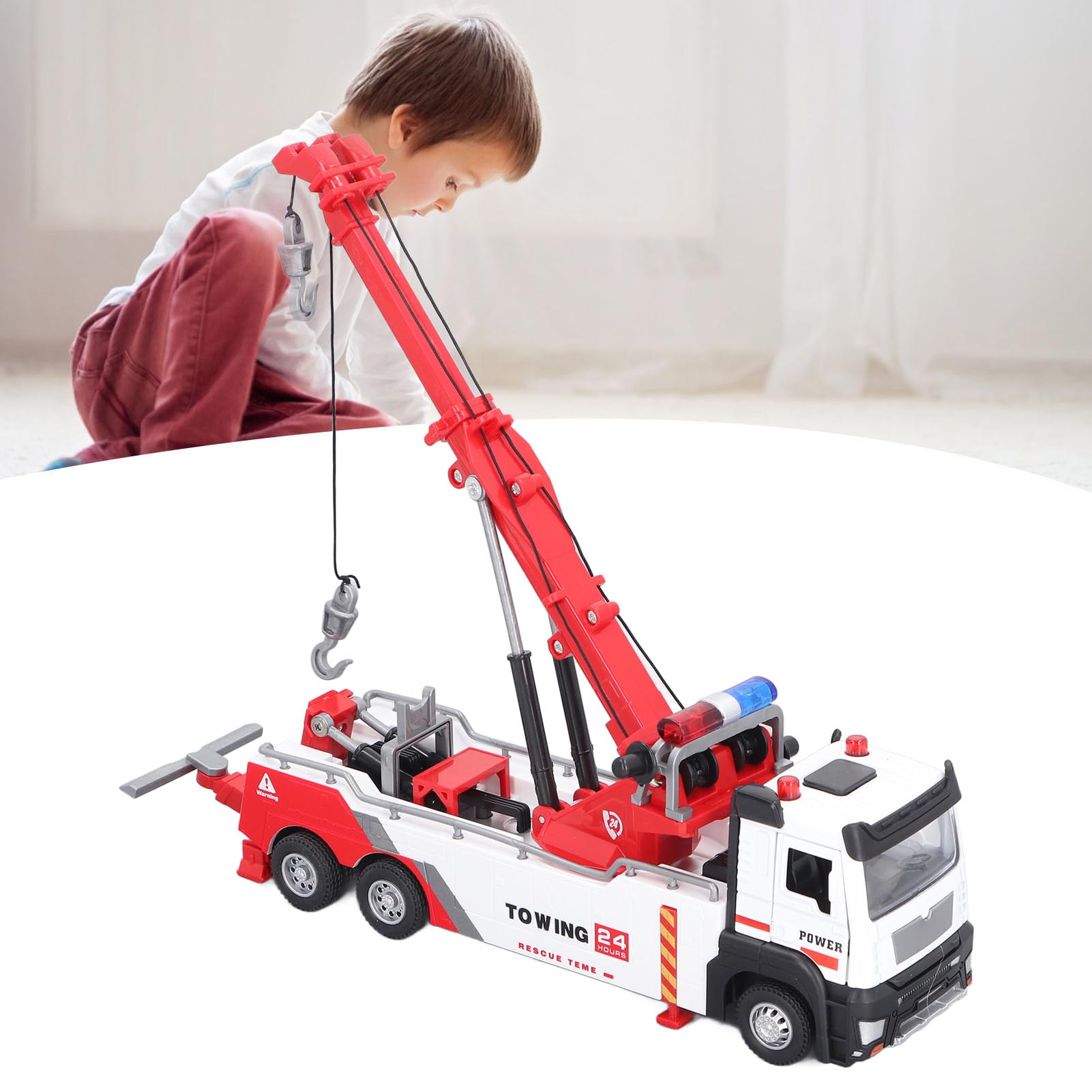 Domary Jouet de Camion de Grue en Alliage à Bras Rotatif à 360 Degrés pour Enfants, Modèle Construction Lumière Sonore