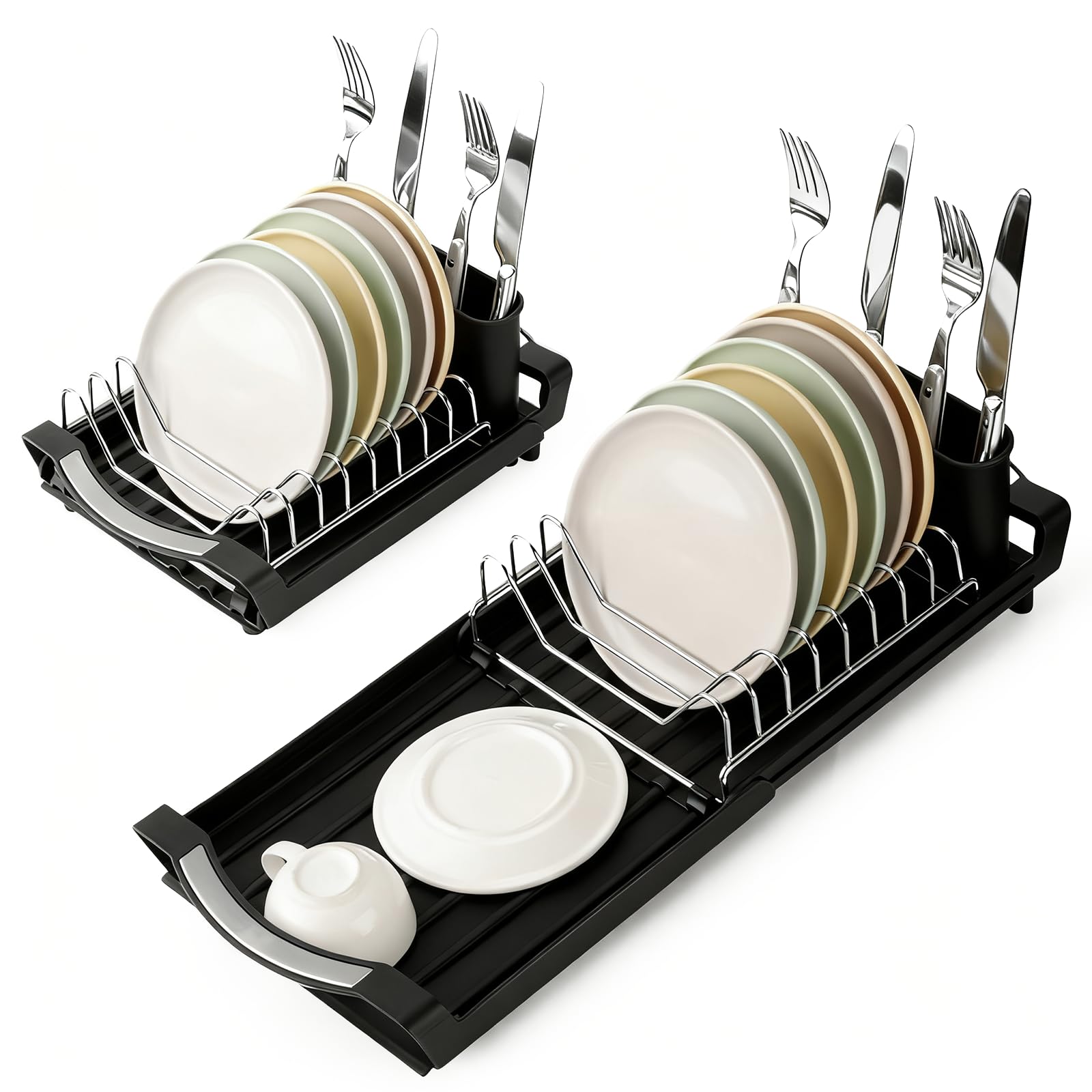 Cozary Dish Drainer, Dish Drainer for Kitchen Sink Extendible (28-47 cm), Drainer with Cutlery Holder