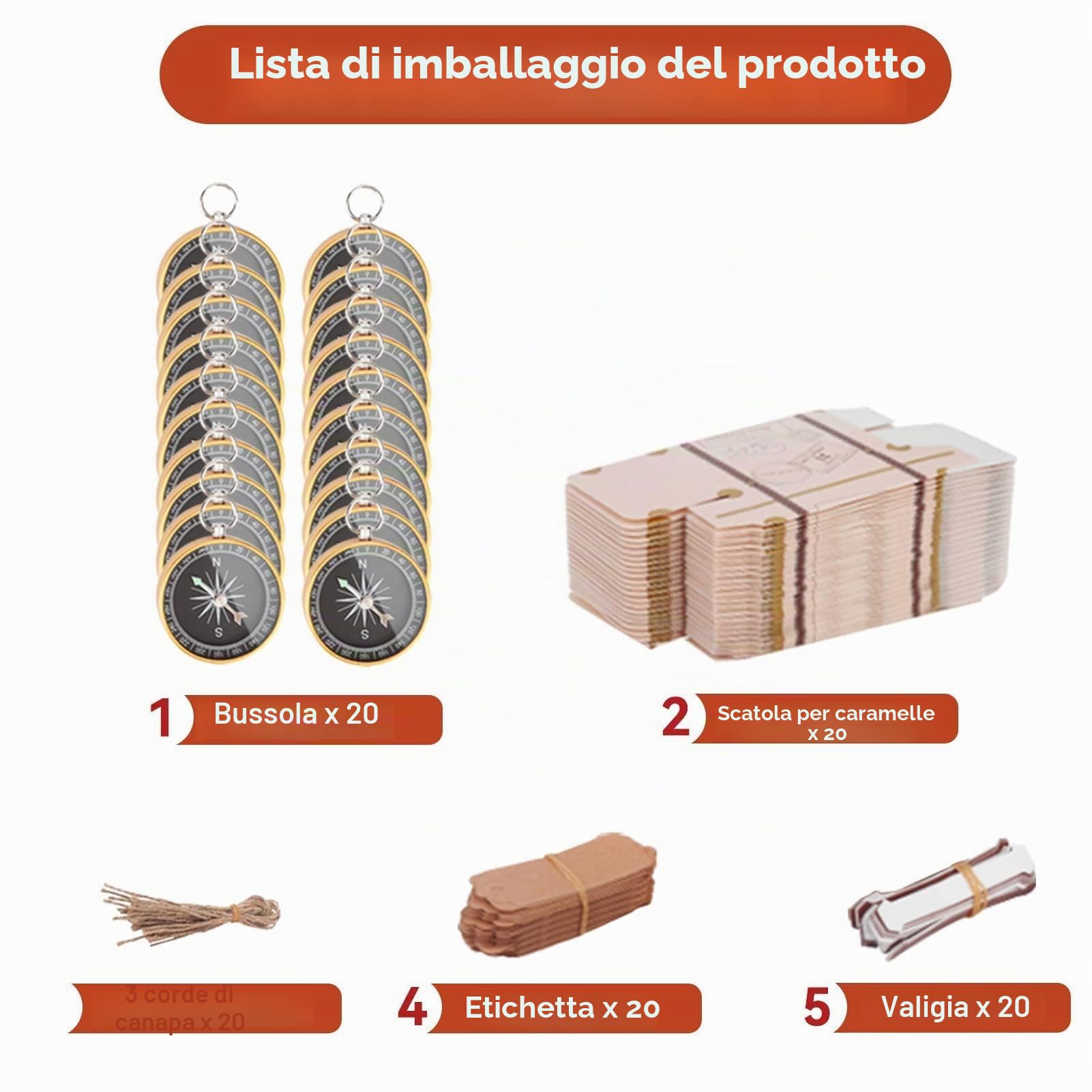 Bomboniera Regalo da 20 Pezzi, con Bussola e Etichette Kraft, Bomboniere Battesimo Maschio/Bambina,Scatoline Portaconfetti Nascita per Dolci Nozze