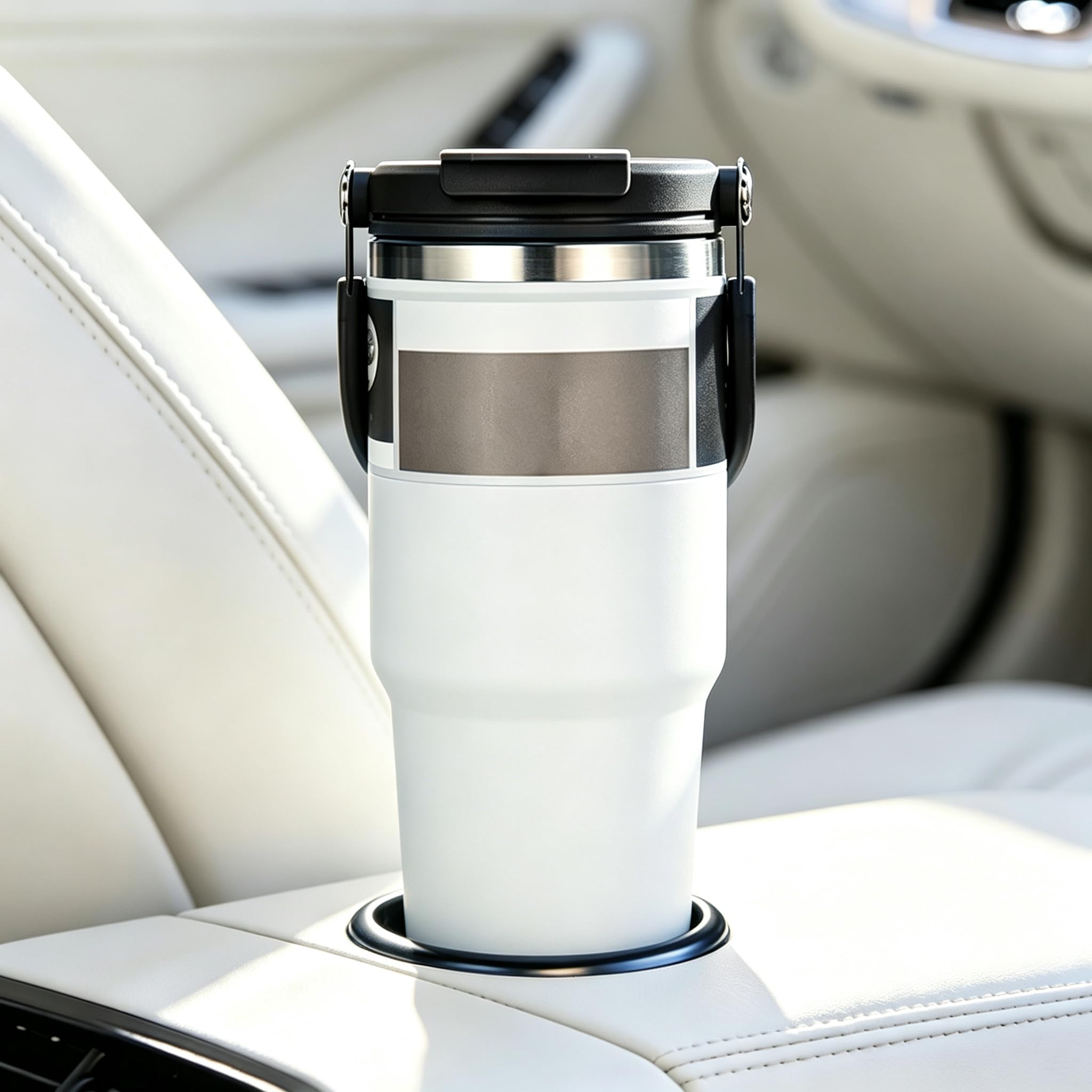 Insulated Stainless Steel Cup, Tumbler with Handle and Straw Lid, Double Walled Vacuum Insulated Water Bottle, Travel Coffee Mug Thermal Cup for Office, Home, Sport - Whtie