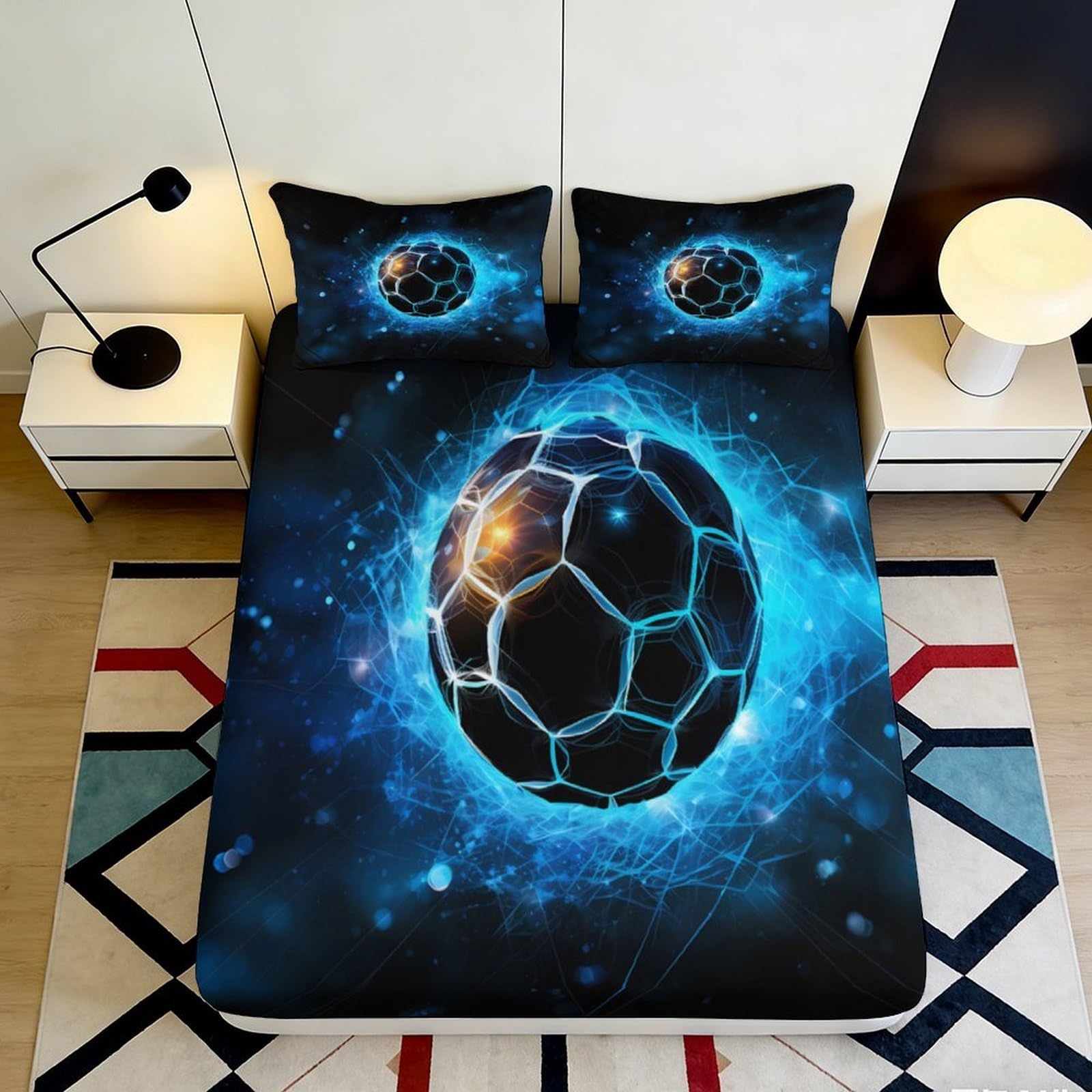 Pnayamiorkfel Style-3 3D Printed Electric Blue Soccer Fitted Sheet Microfiber Soft Bed Cover Futuristic Ball Pattern For Bedroom Guestroom 90X200x25cm