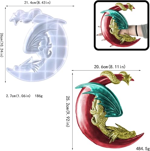 Miniatura 2 de JIOFAVIU Molde de resina grande de dragón en luna, molde de silicona de 10.24 pulgadas para resina epoxi, moldes de decoración de fundición para