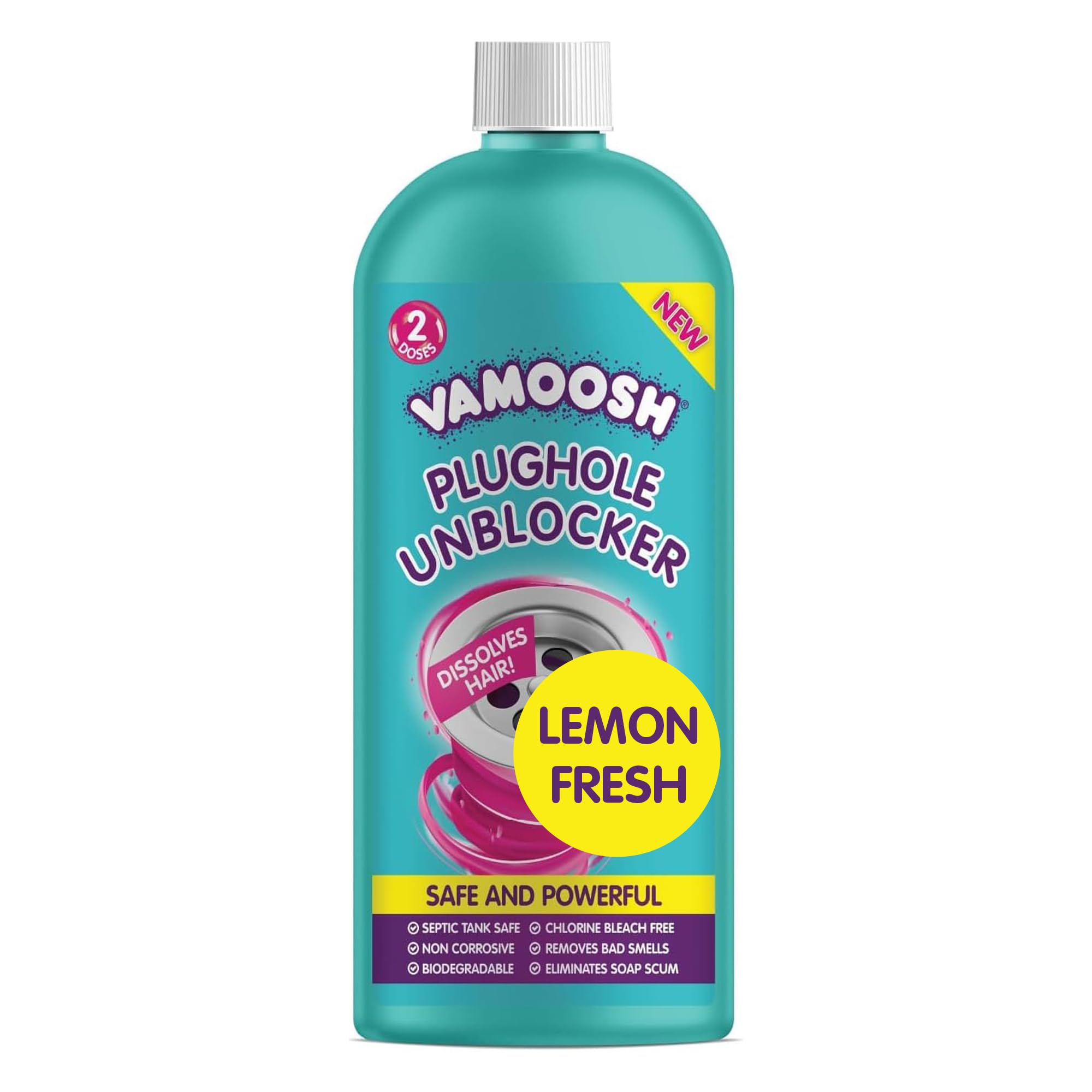 Vamoosh Plughole Unblocker, Drain Unblocker Bathroom - Dissolves Hair, Bleach-Free Bathroom Sink Unclogger, Septic Tank Safe, Fast Acting, Safe & Powerful - 2 Doses (600ml)