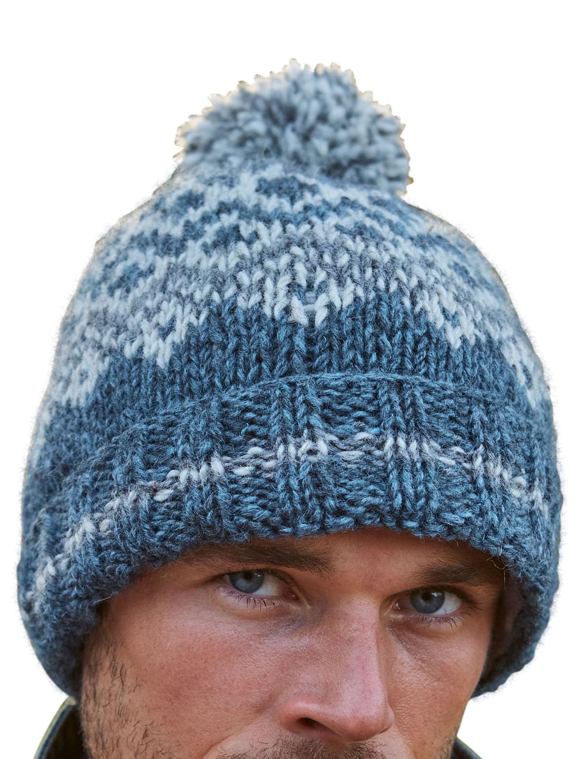 Pachamama Men Wool Beanie Bobble Hat Fleece Lined Handknitted Contemporary Fairisle One-Size Handmade Extra Warm Fair Trade (Wool, Steel)