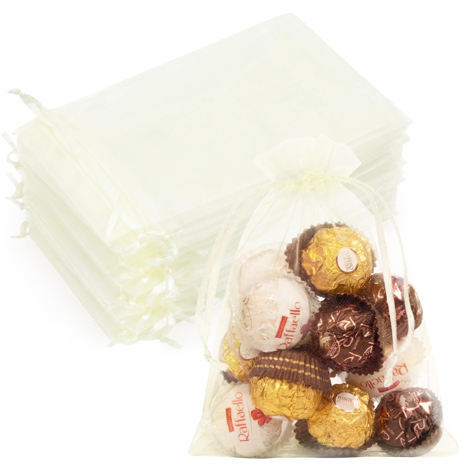 Crweety 50PCS Organza Bags 5x7 Ivory Small Gift Bags Mesh Drawstring