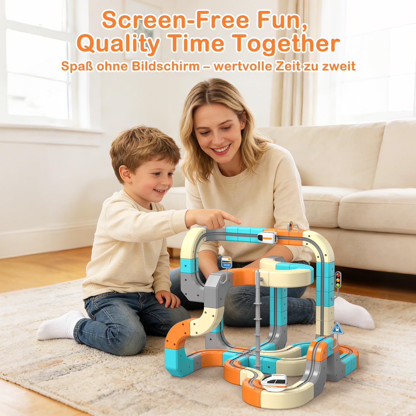 Clickrail Electric Train Set Flexible Race Track 124PCS – Cube Track Block Zug mit Schwerkraftdefying 3D-Layouts, Zahnradschiene Blöcke & Motorisiertem Zug, Toy Gifts für Kinde(124)