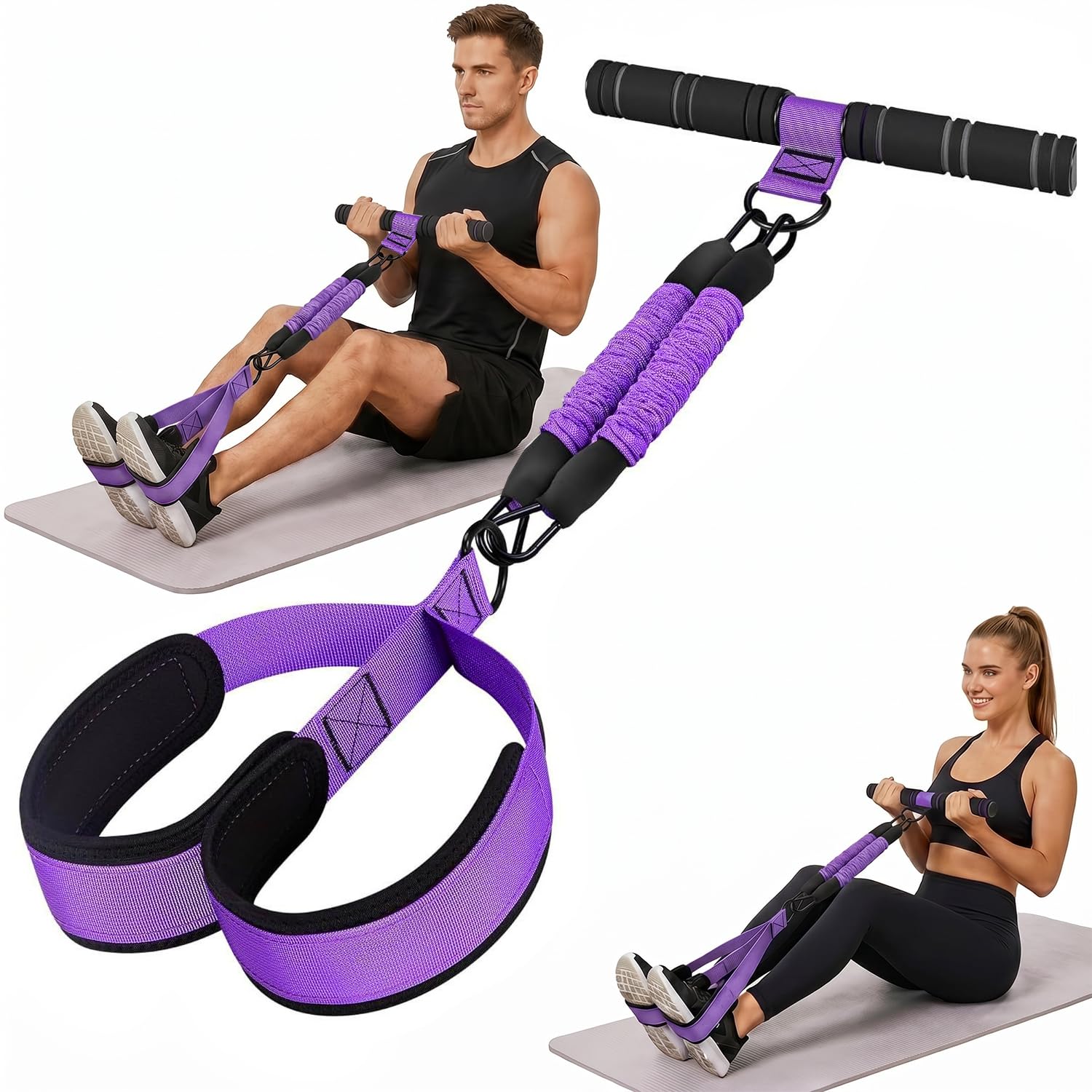 Upgraded Multifunction Pedal Resistance Bands with Handle, 2 Tube Resistance Band for Women, Sit up Exercise Equipment for Full Body Training, Core, ABS, Legs, Glutes, Arms, Pilates