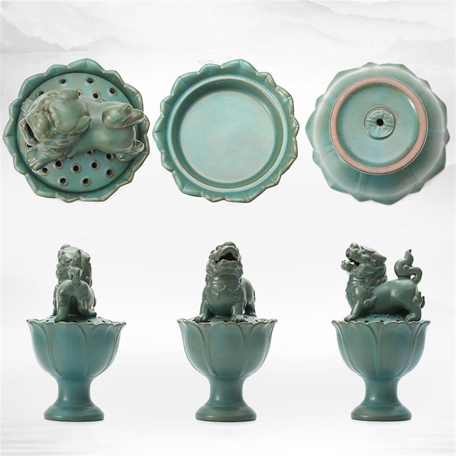 Decoración Bestias míticas Antiguas Chinas y diseños de Loto Soporte Incienso Exquisito Quemador cerámica Resistencia a Altas temperaturas