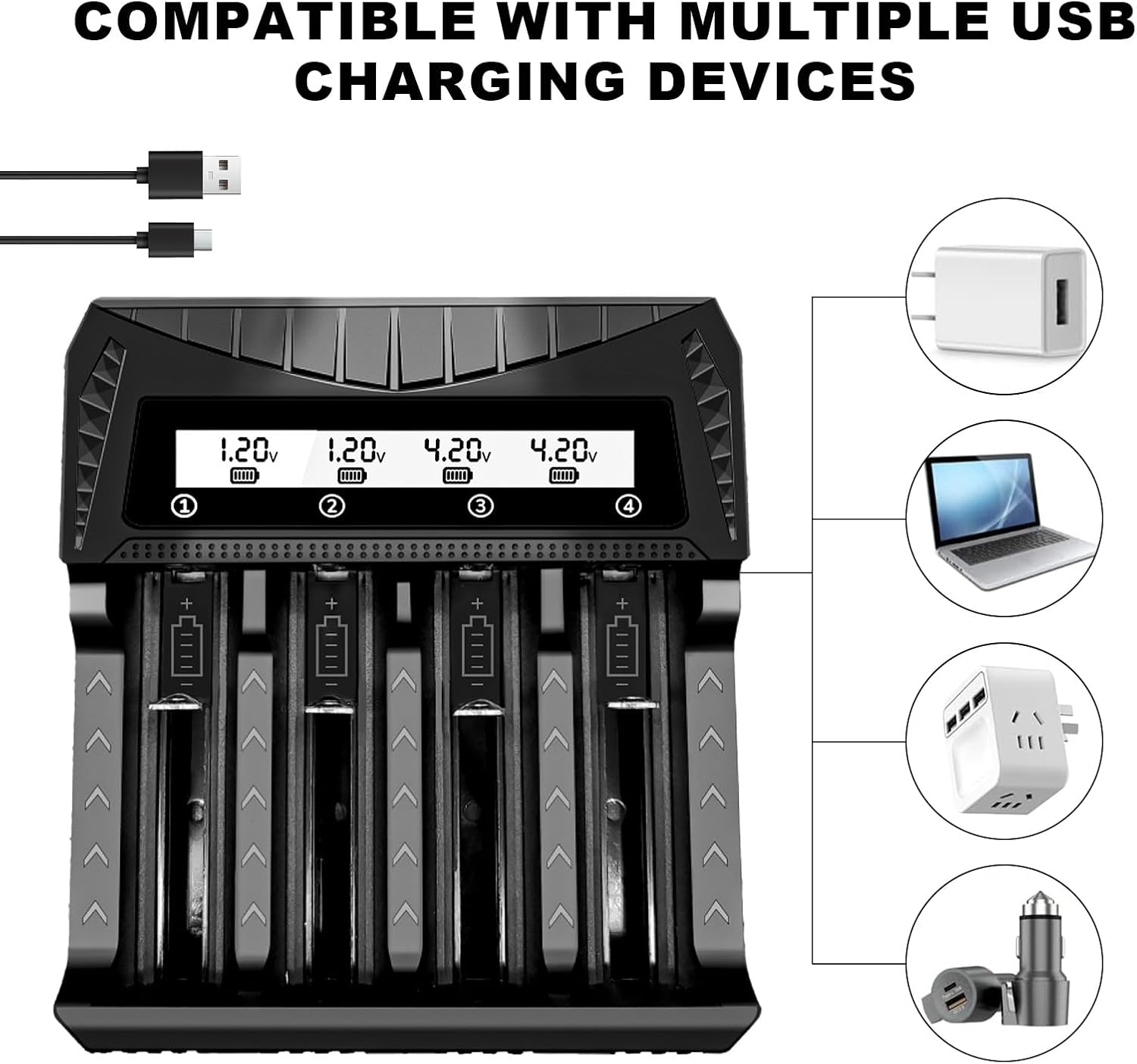 18650 Battery Charger, WAVYPO 4 Bays Smart Universal Charger with LCD Display for Rechargeable Batteries 21700 Li-ion LiFePO4 IMR AA AAA Ni-MH Ni-Cd