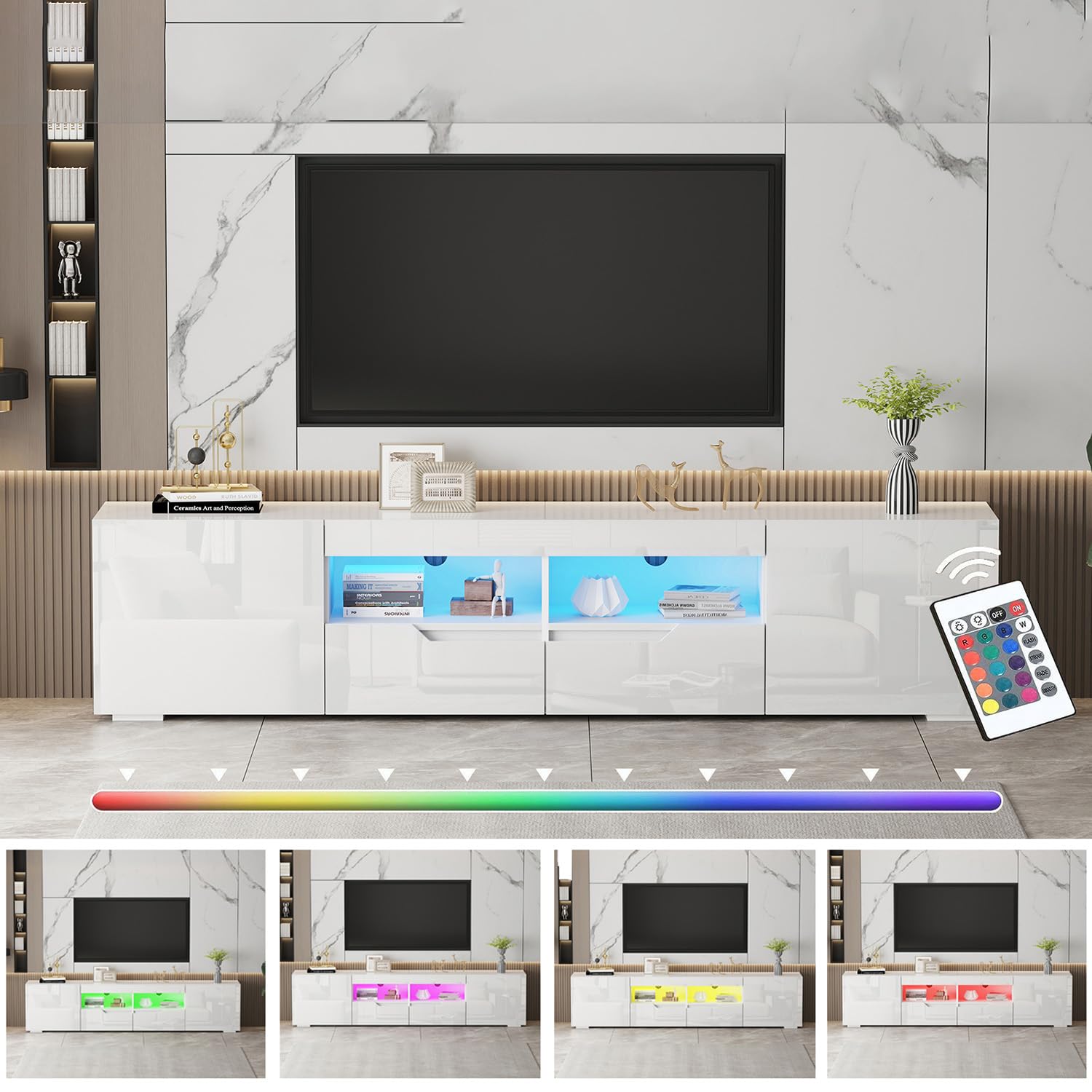 TRIOBLADE 200cm TV Stand Cabinet with Storage White High Gloss TV Unit Cabinet with LED Lights Modern Entertainment Unit for Living Room Bedroom for up to 75" TVs (white tv stand)