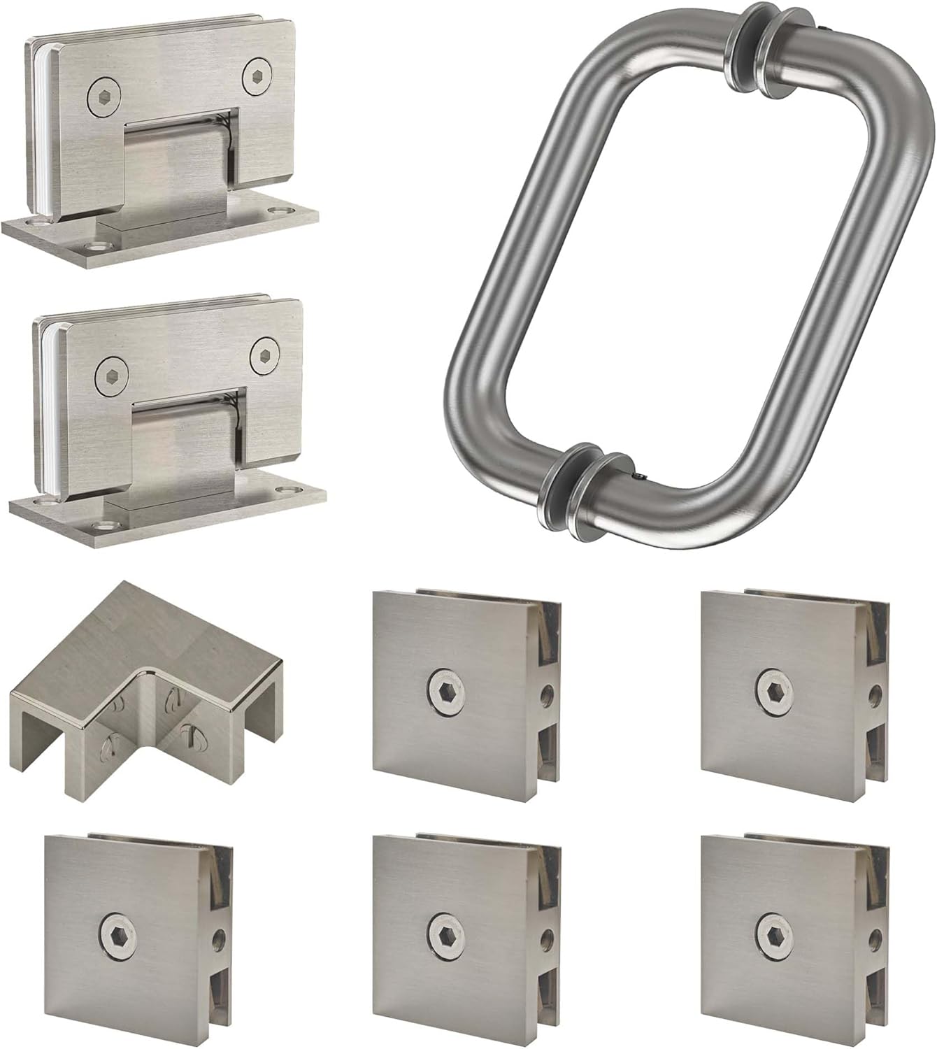Shower Door Hardware Kit for Swing Shower Door，Brushed Nickel Glass Door Hardware Accessorie for 5/16"-3/8" (8mm-10mm) Tempered Glass，Including Shower Door Hinges and Door Handle