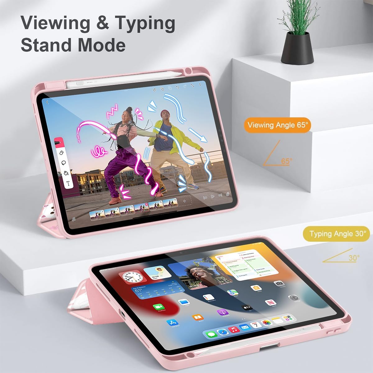 Tuiklol for iPad Pro 11 Inch (M5 2025 / M4 2024) Case, Buit-in Pencil Holder with Slim Clear Back Cover Protection Trifold Stand-Auto Wake/Sleep Tablet Case, Black Flower Cat-Pink