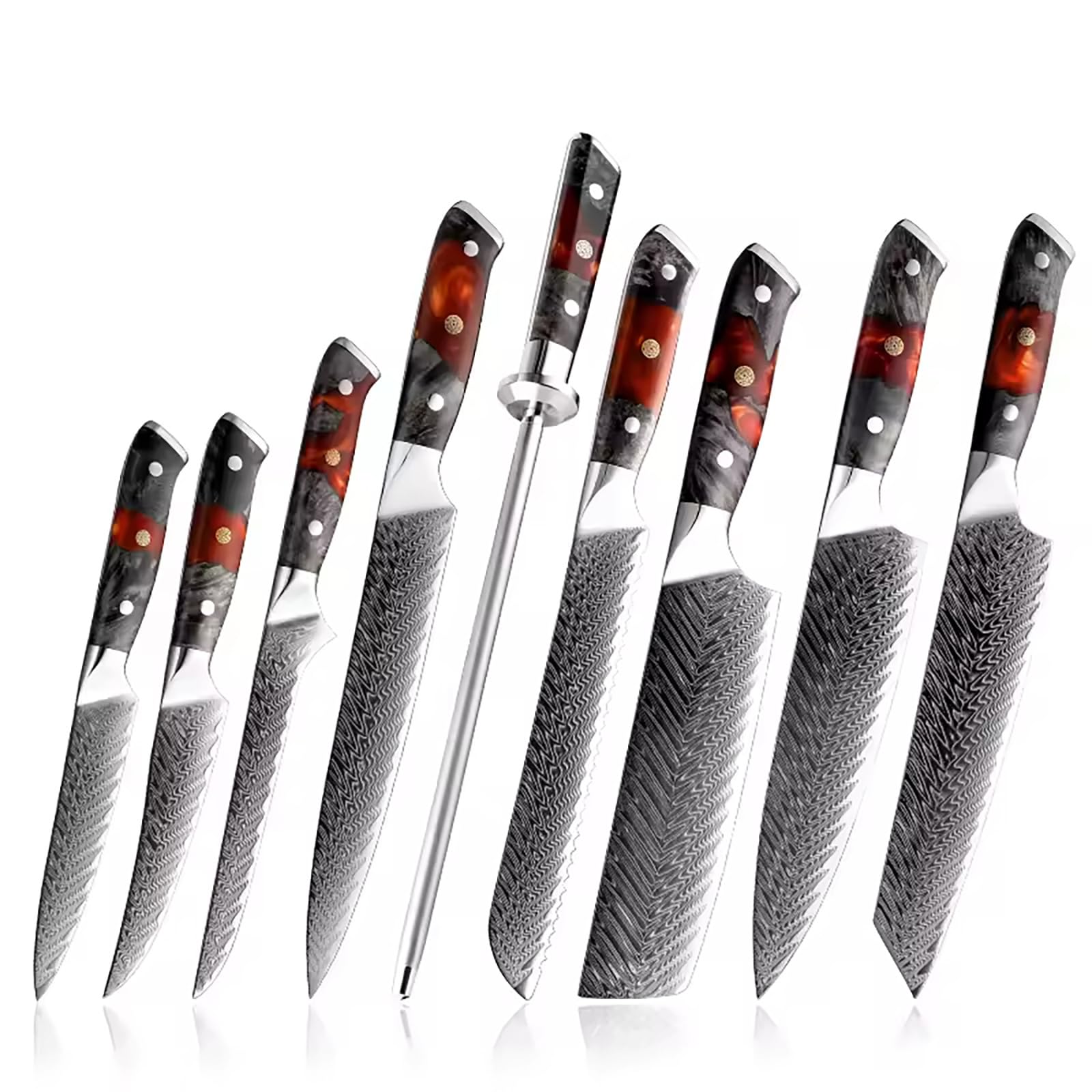 9-Piece Damascus Knife Set VG-10 Core 60 2 HRC with Wood Resin Handle 12 Sharp Japanese Chef Knives
