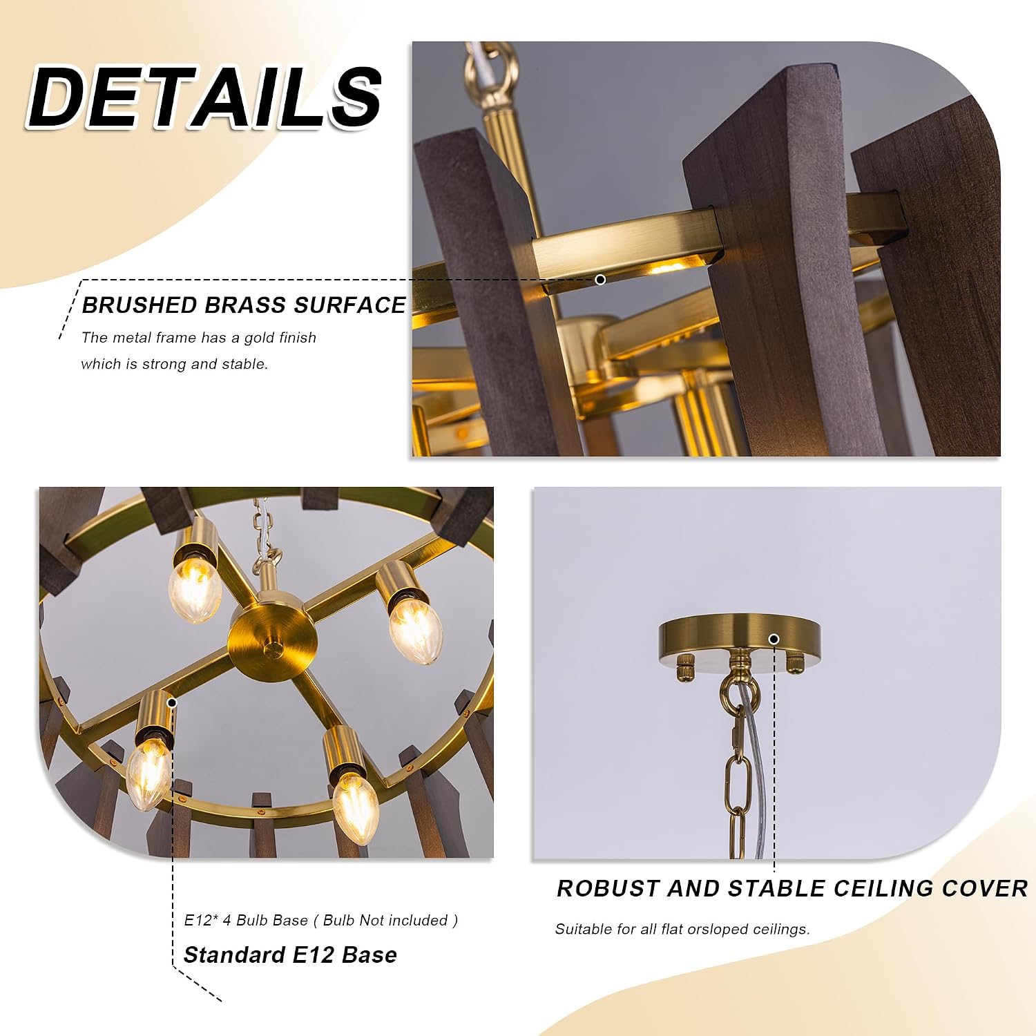 Wellmet Wooden Rustic Pendant Light, Gold Farmhouse Chandelier, 4-Light Modern Light Fixture, for Living Room, Bedroom, Entryway, Kitchen, Dining Room
