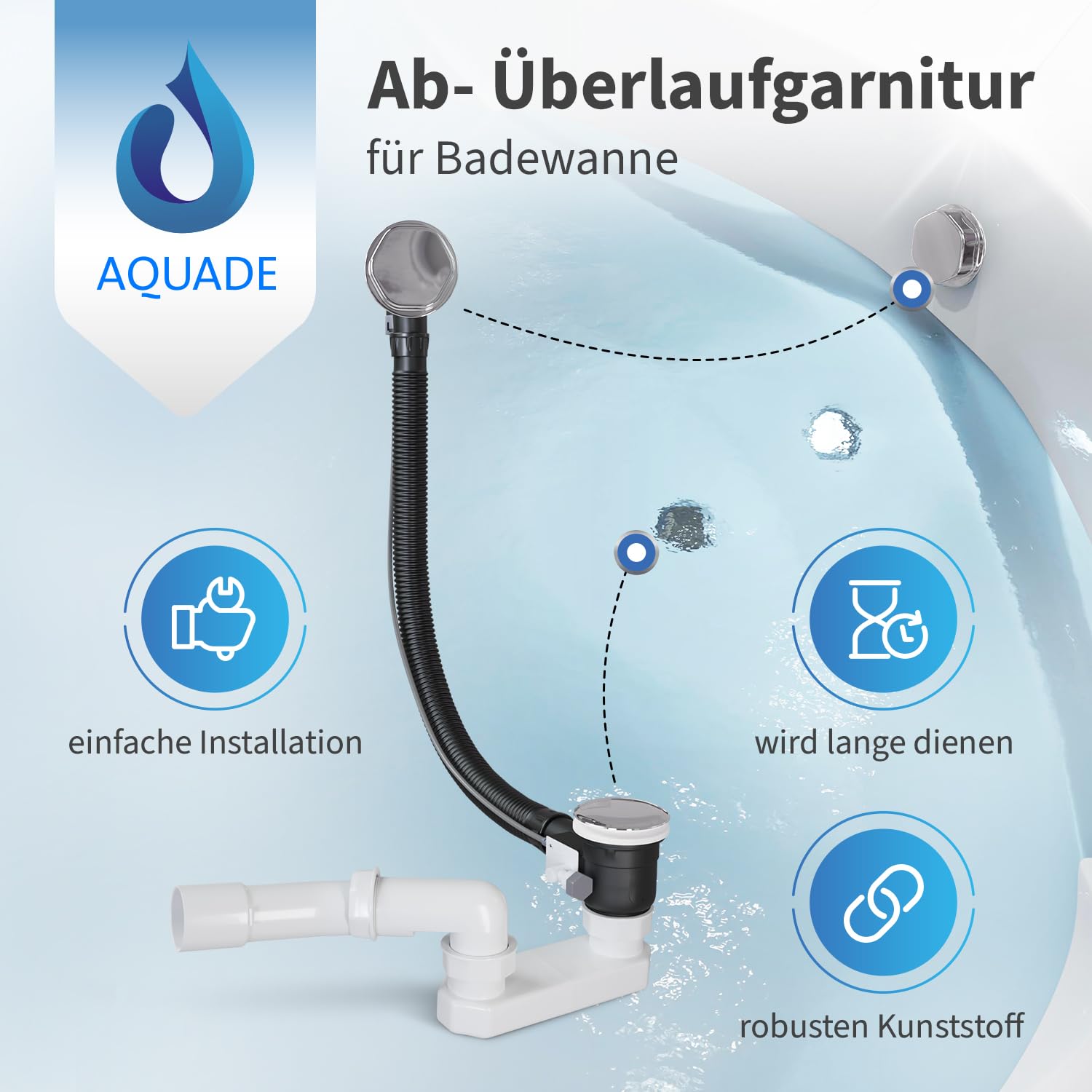 AQUADE Set completo de desagüe para bañera y rebosadero, diámetro 40/50 mm, cromado, desagüe para bañera, función Pop Up con tapón de olor excéntrico y cubierta de rebosadero de bañera