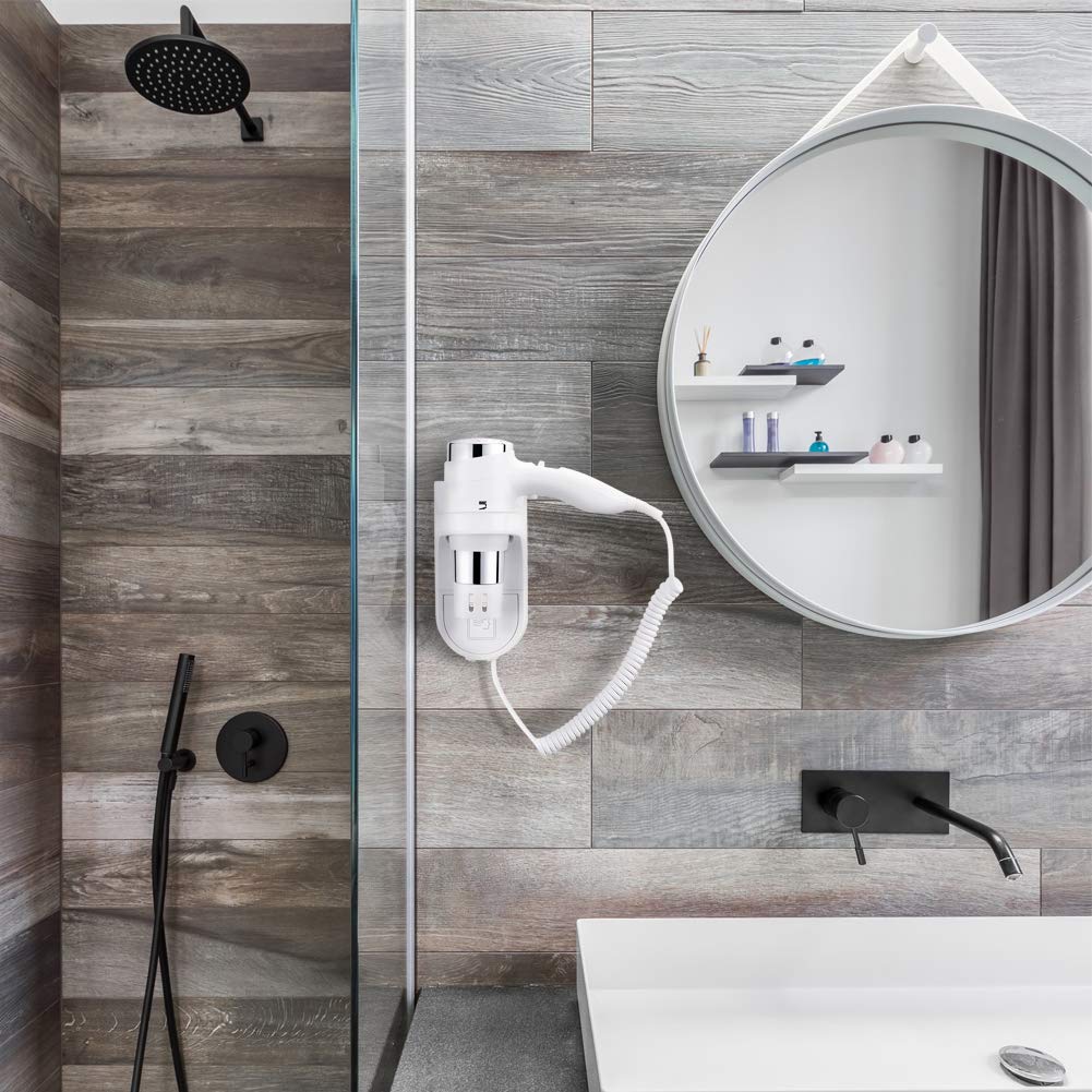 Bakaji Asciugacapelli da Parete Muro Phon Asciuga Capelli Bagno Potenza 1600W 2 velocità selezionabili Colore Bianco e Silver per Casa Hotel con beccuccio