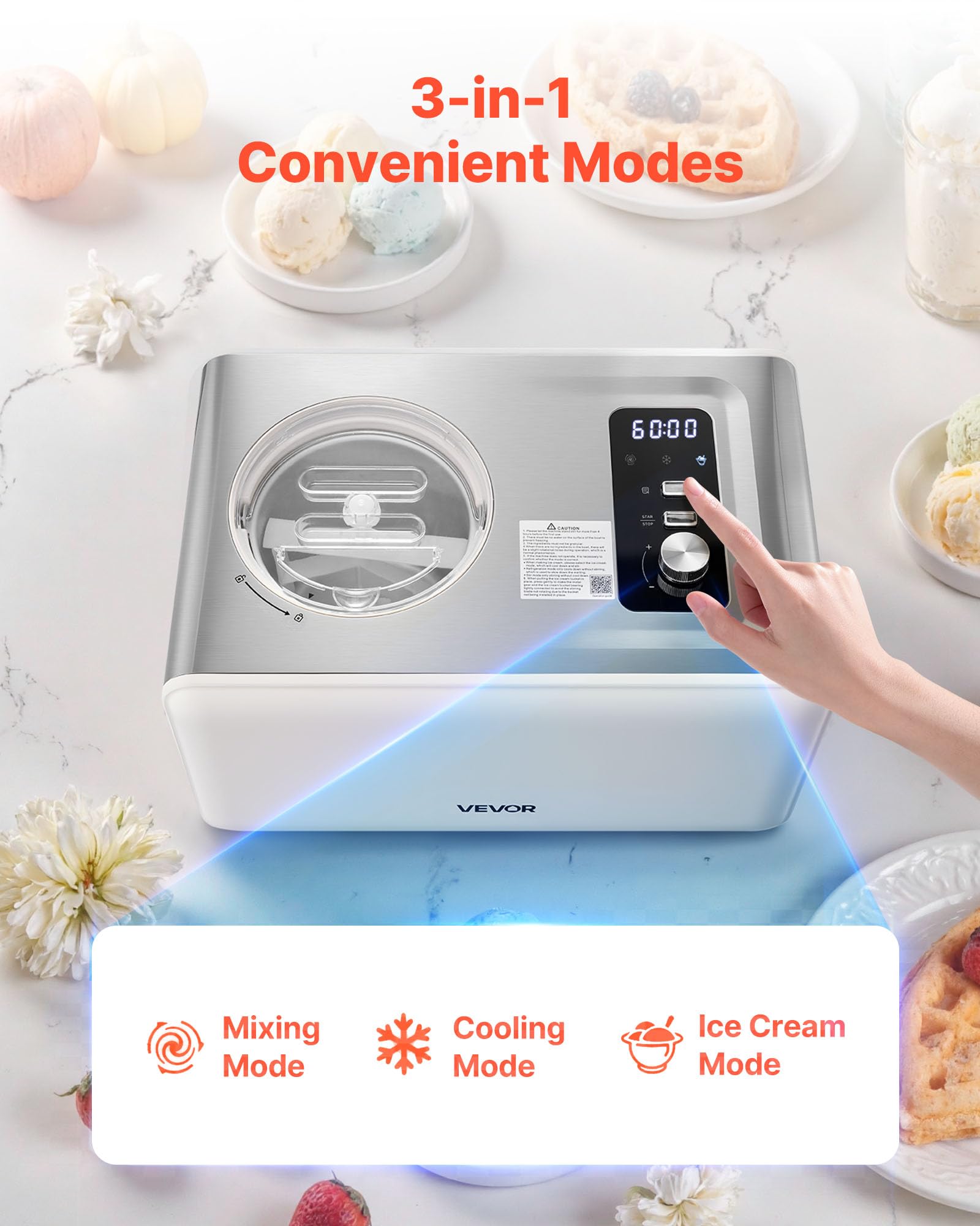 VEVOR Gelatiera Automatica con Compressore Integrato, Macchina per Gelato Senza Precongelamento 2 L Sorbettiera Elettrica a 3 Modalità, Macchina per Gelato con Compressore per Casa