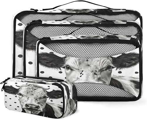 Dots Cow Packing Cubes 4 Pack Travel Packing Bags Set Lightweight Mesh Travel Luggage Organizer Clothes Carry on Suitcase Bags for Accessories