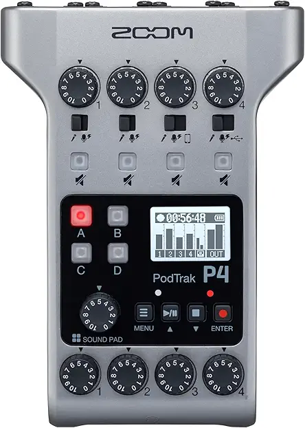 Zoom PodTrak P4: Battery-Powered Podcast Recorder, 4 Mics, 4 Headphones, Phone/USB Input, Sound Pads