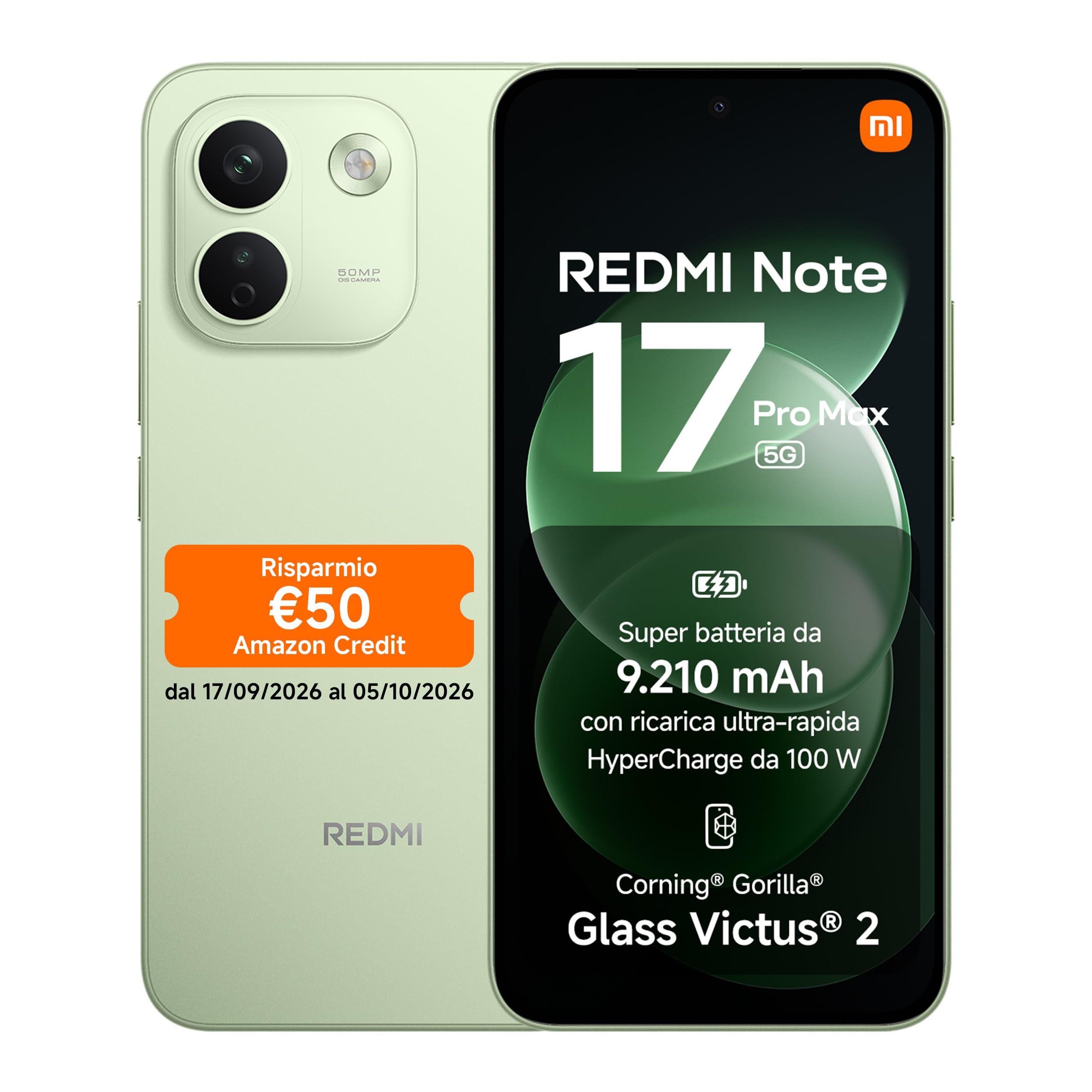 REDMI Note 17 Pro Max 5G, Smartphone 8+512GB, Green, Batteria 9210mAh | Snapdragon® 6 Gen 5, Fotocamera OIS 50MP, HyperCharge 100W, Resistenza IP66/IP68, Flagship Display, Xiaomi HyperAI