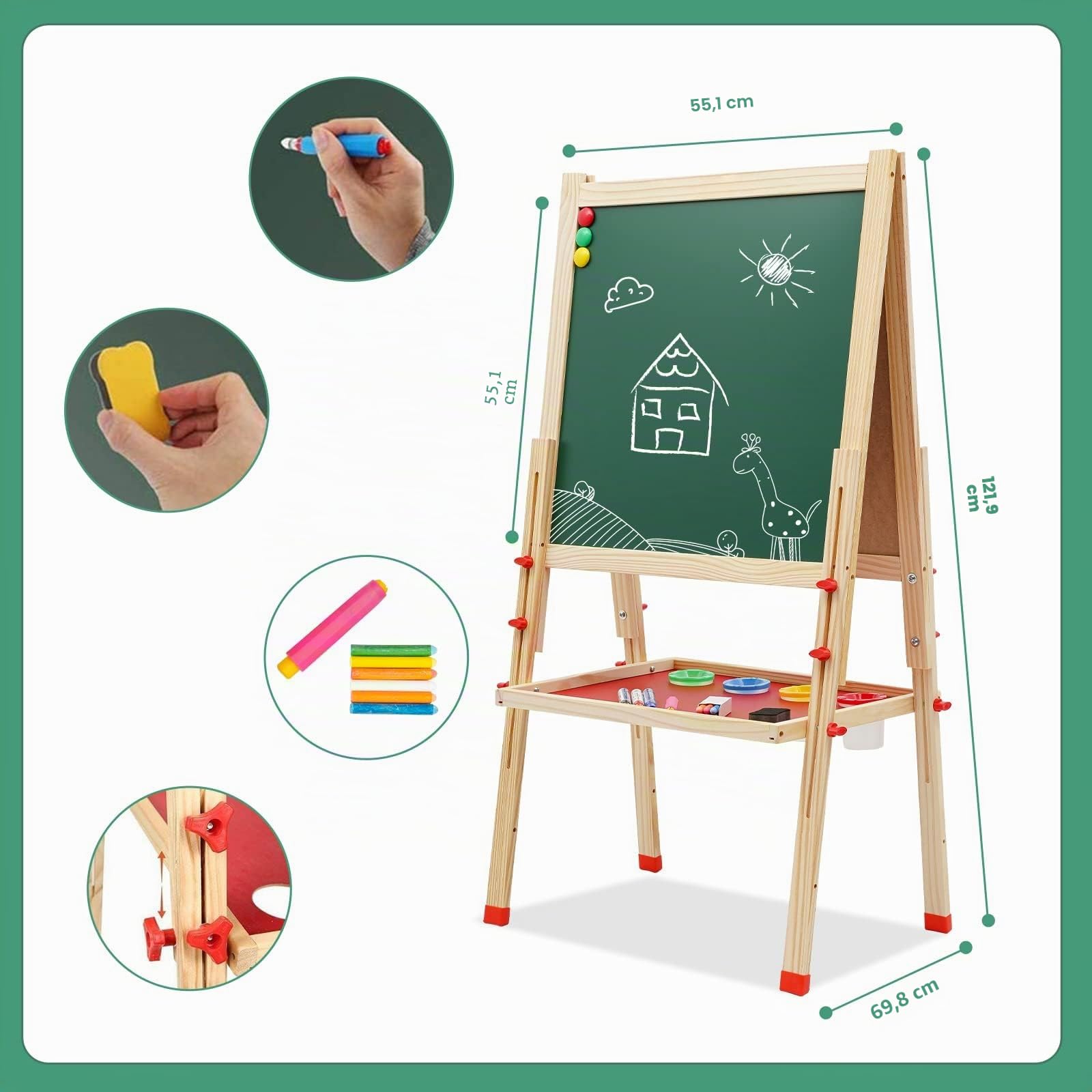 Chevalet pour Enfants en Bois, Chevalet d'art Double Face avec Rouleau de Papier Tableau Blanc et Tableau Noir avec Plateau de rangement pour accessoires Hauteur Réglable pour enfants 3+ ans