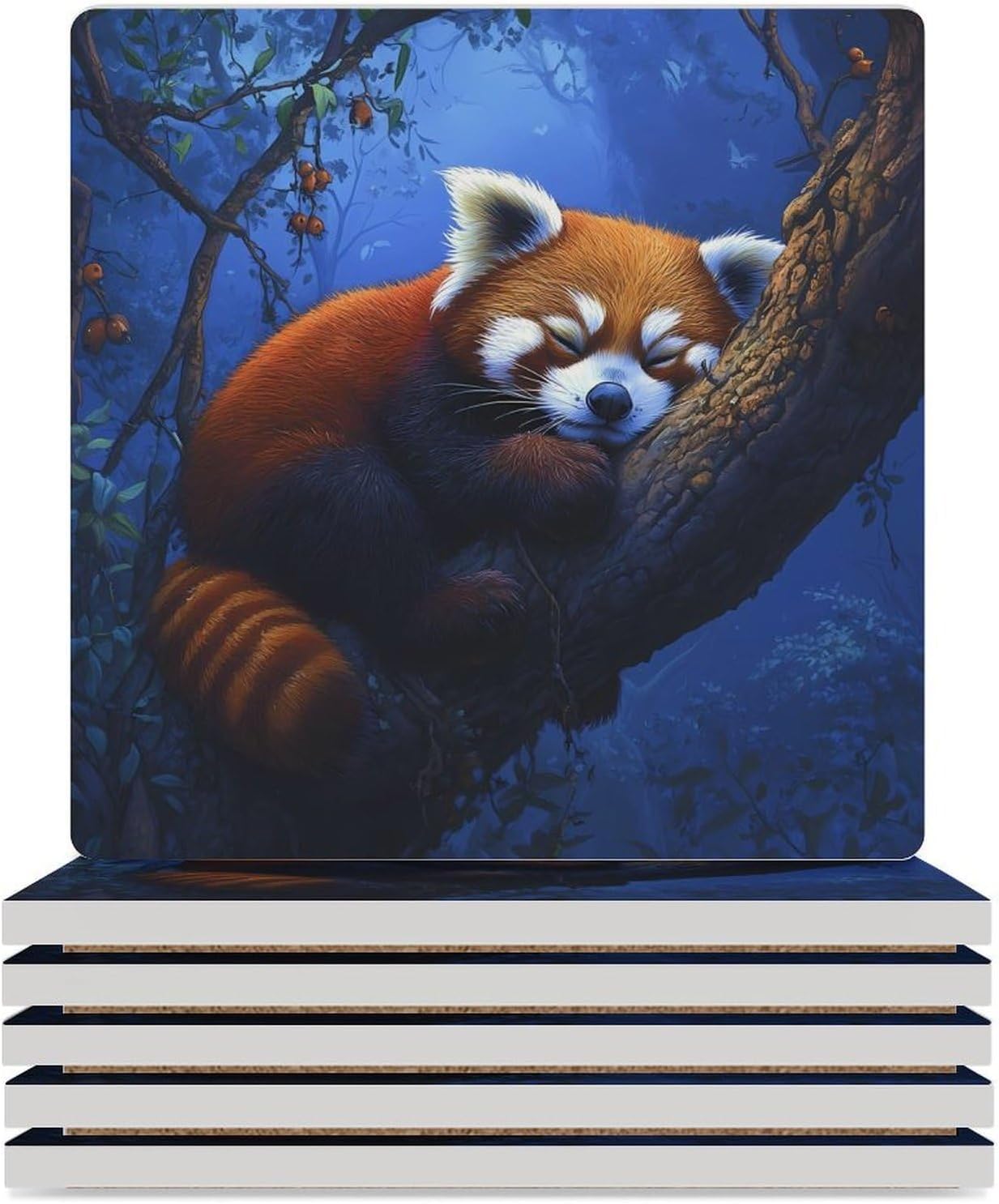 Cute Red Panda Coasters for Drinks Square Table Coasters Set Cup Mats with Cork Base