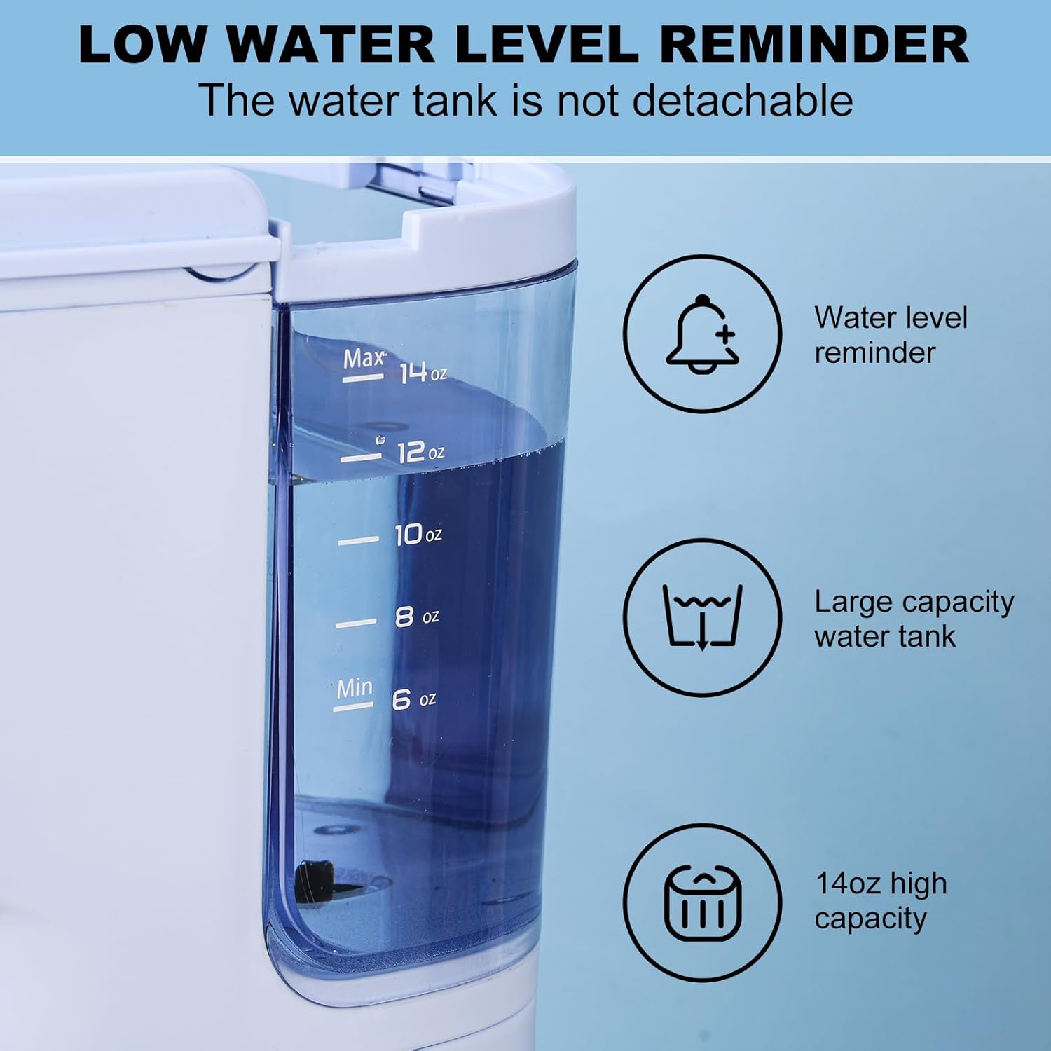 Close-up of the water reservoir with water level markings and a low water level reminder icon.