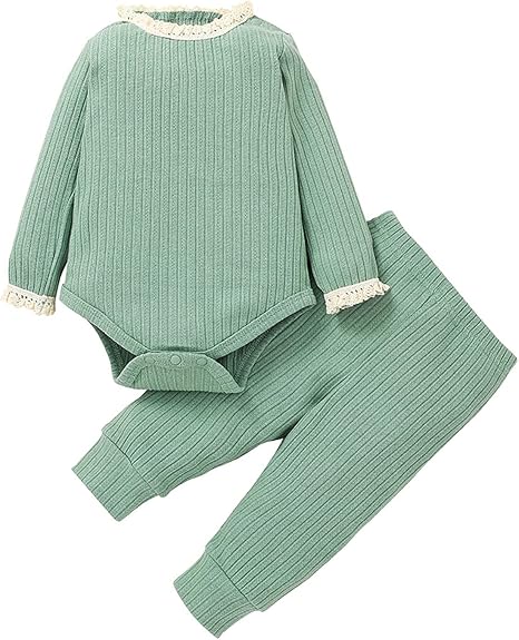 Amazon Com Wishcat Infant Baby Girls Clothes Sets Lace Splice Ribbed Long Sleeve Solid Color Girl Clothes Size 10 12 Green 0 3 Months Clothing Shoes Jewelry