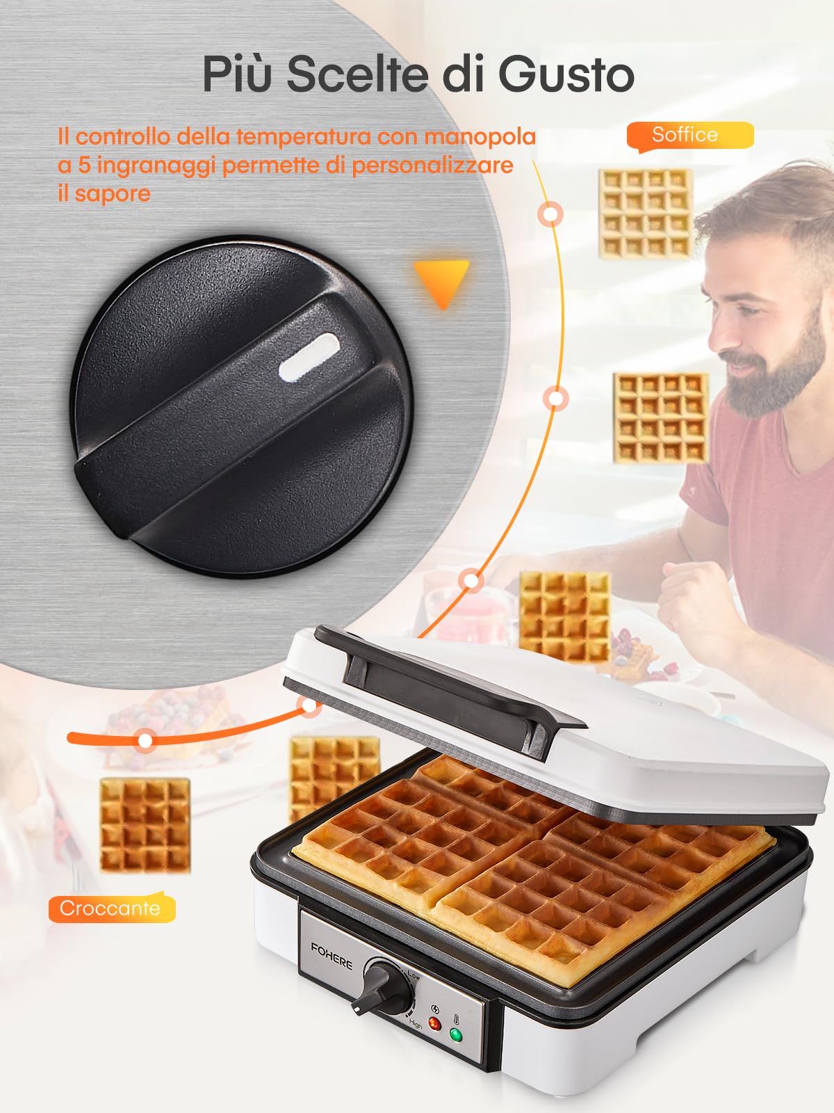 FOHERE Piastra per Waffle Belga, Macchina per Waffle Quadrato, Antiaderente a 4 Fette, Rivestimento Antiaderente, 5 Pulsanti di Doratura Indicatori Luminosi, 1200W Waffle Maker