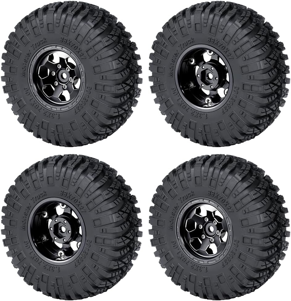 4PCS 1.3" Beadlock Wheel Tires Set Aluminum 1.3inch Beadlock Wheel Hub Wheel Rim ? 70mm/2.76inch Rubber Crawler Tires for 1/18 1/24 RC Crawler Car SCX24 TRX4M Upgrade Parts (Black)