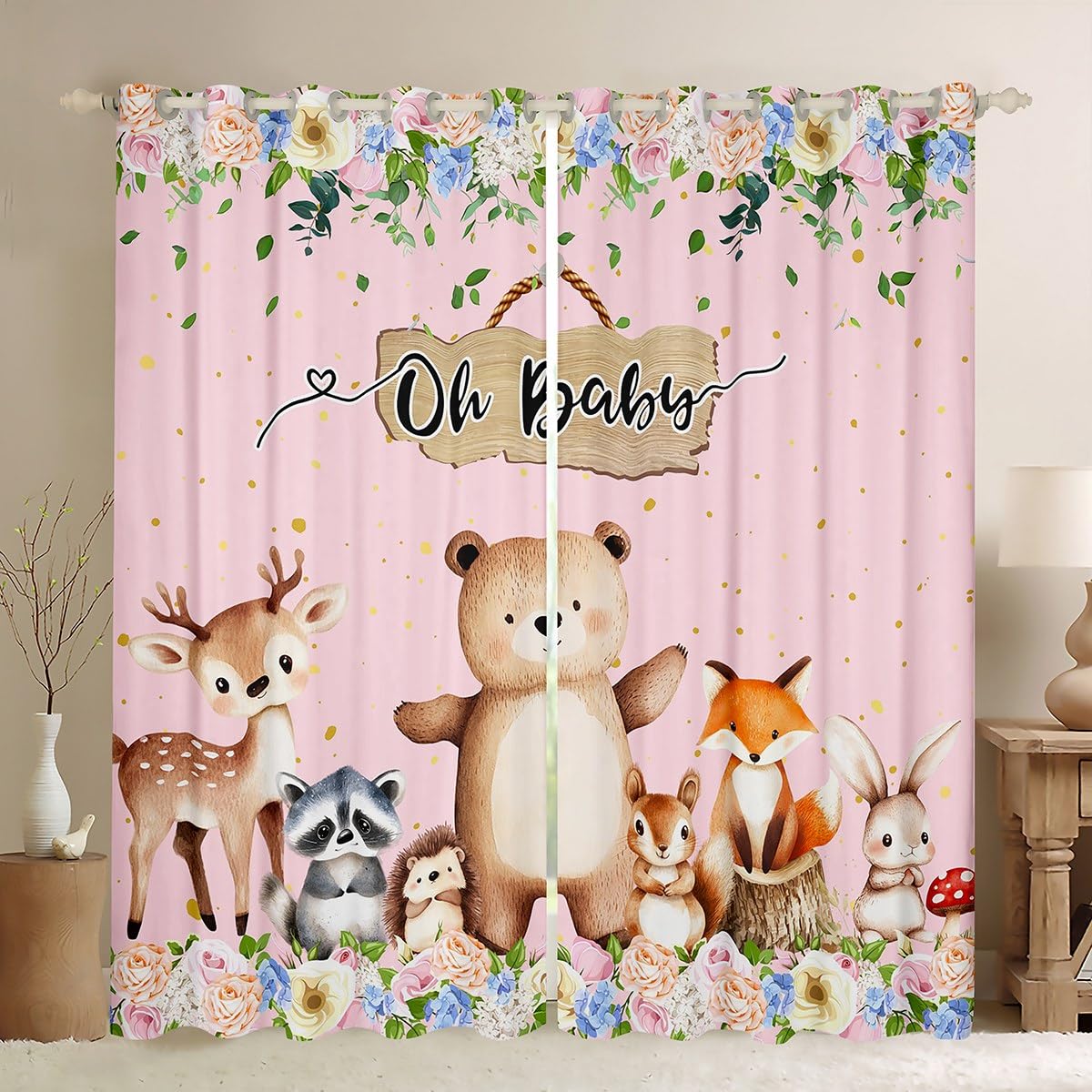 Homewish Tier Thema Fenster Vorhänge 2 Panels 140Bx260L Safari Wildlife Verdunkelungsvorhänge für Kinder Jungen Mädchen Natur Cartoon Bär Raccoon Hedgehog Hirsch Fuchs Eichhörnchen Rosa Vorhänge