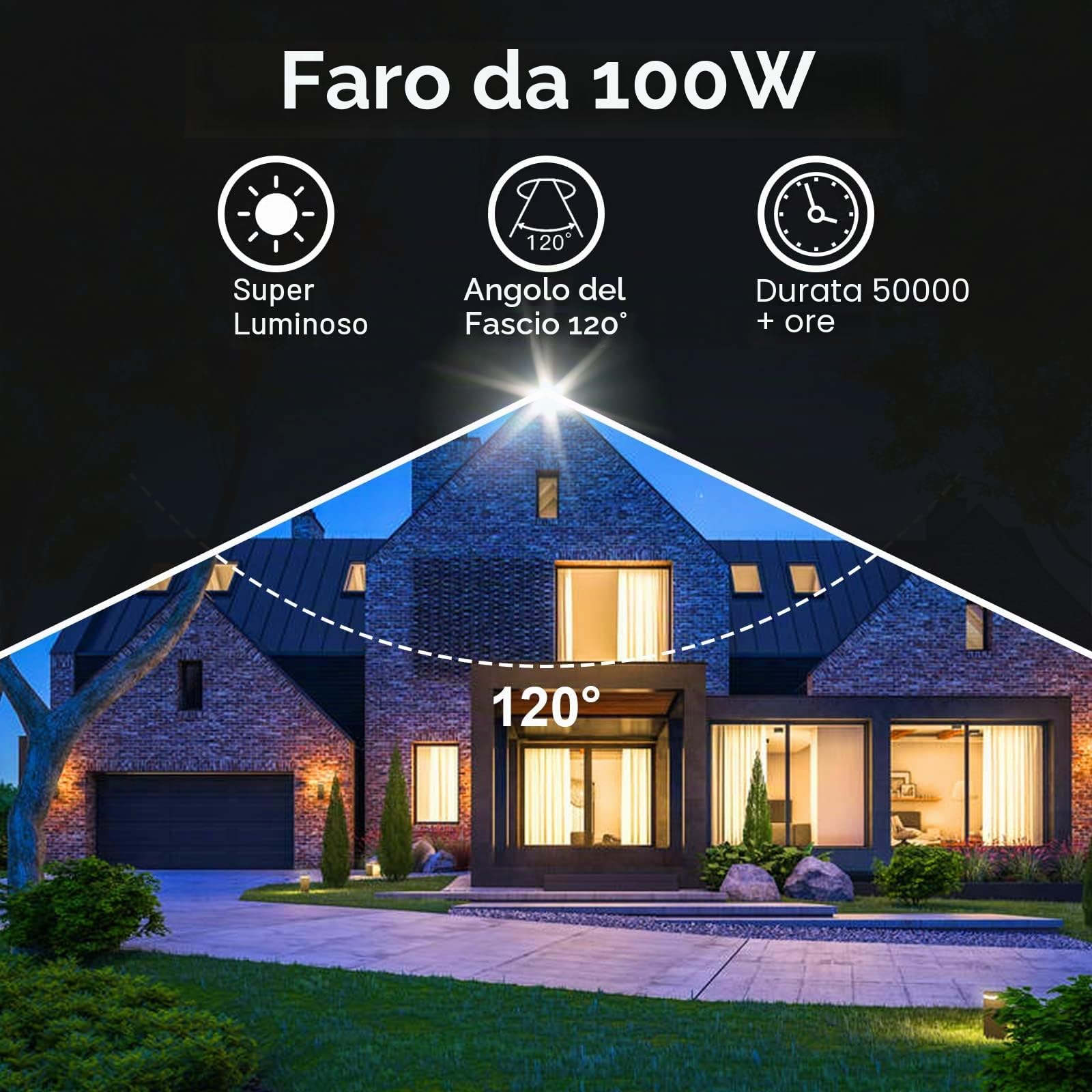 Faretto LED da Esterno 100W, 2 Pezzi 10000LM Faro LED con Spina, Proiettori Led Esterno Impermeabile IP66, Bianco Freddo 6500k Fari di Sicurezza Per Giardino Cortile Corridoio Garage