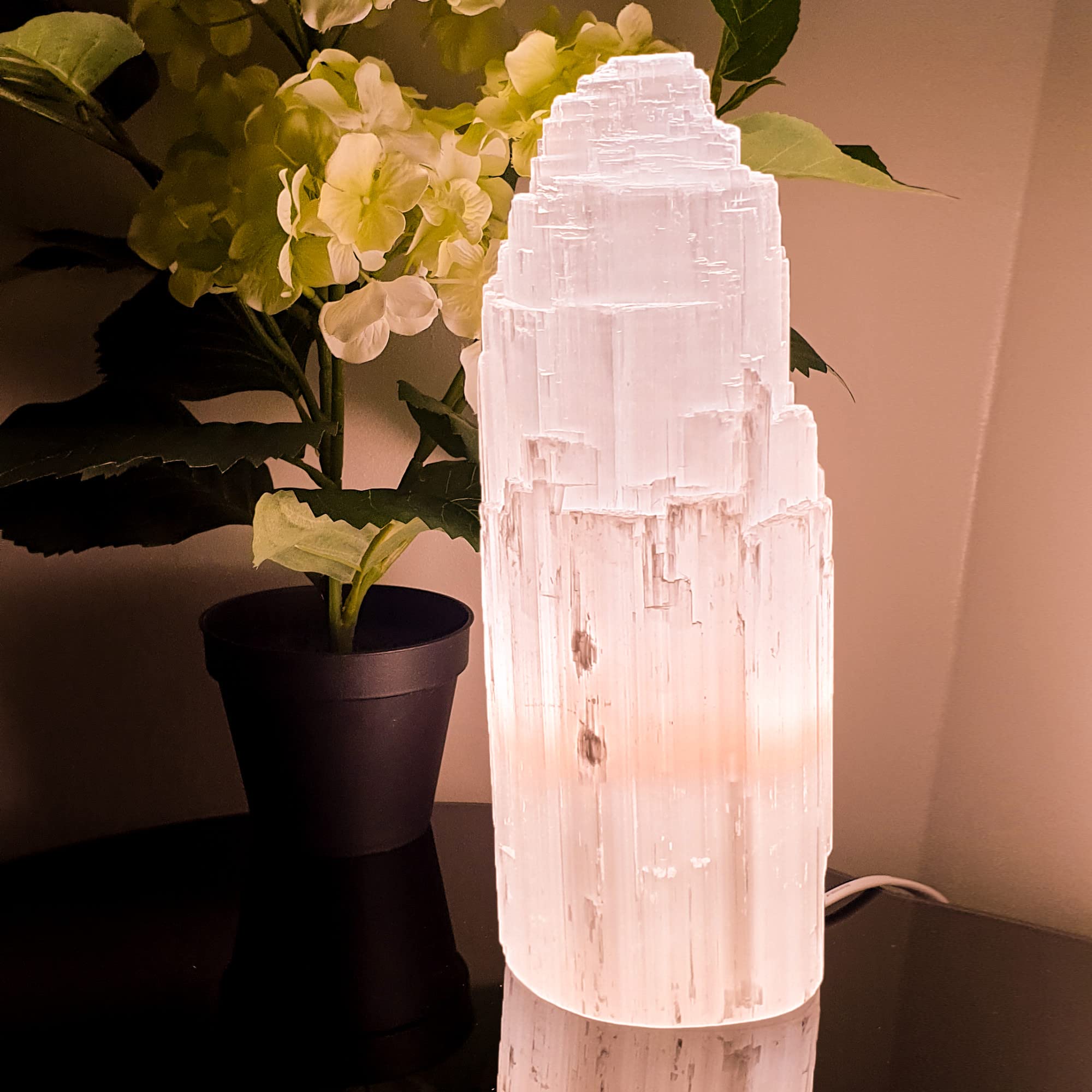 H&H Homedecor Ltd Clear Selenite Crystal Lamp Mountain Tower Natural Calm Pleasing Light Healing Mineral Meditation Crystal Table Lamp Handmade Floor Decorative Gift Home Decor (25 Cm)