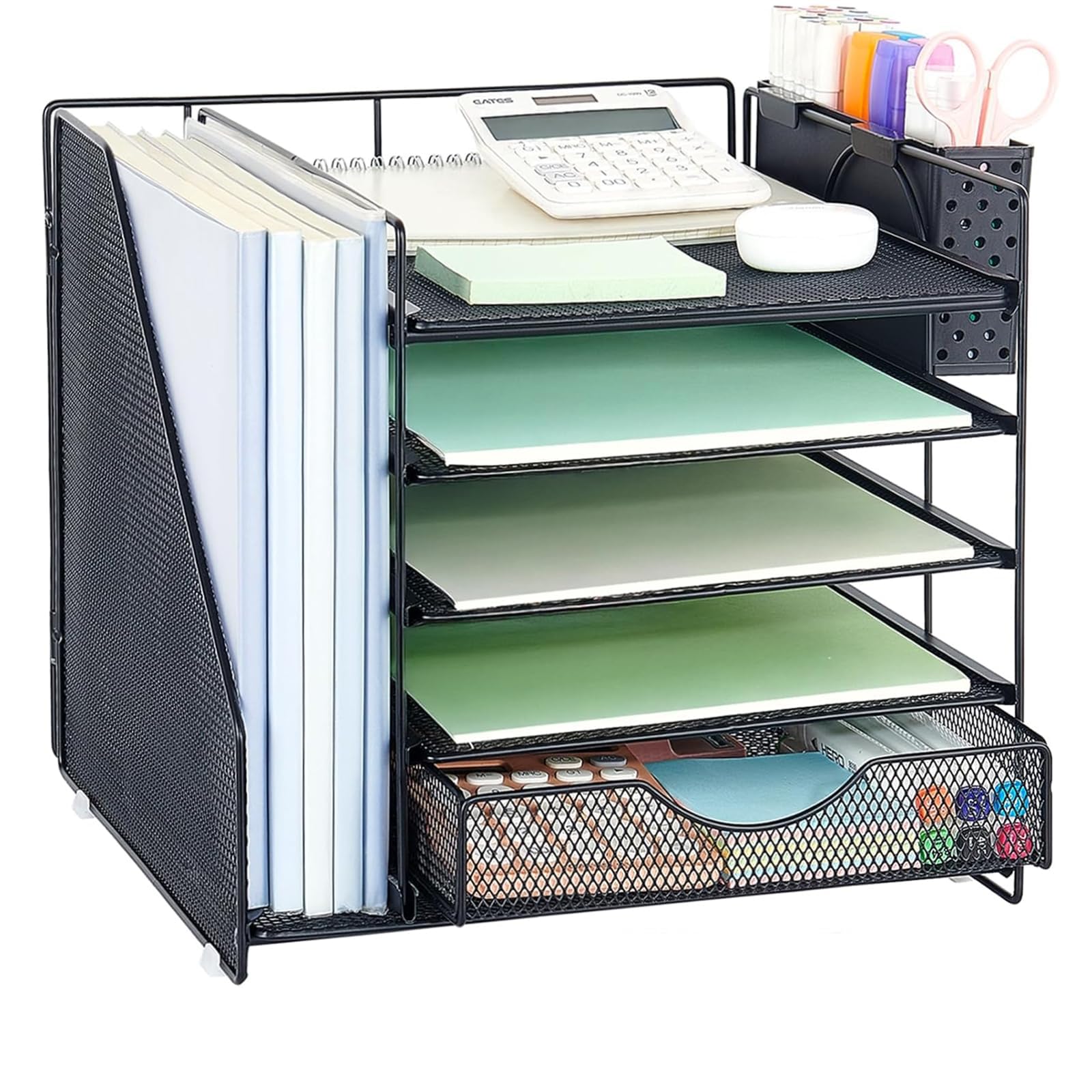Desk organiser with Drawer and Pen Holder, 5-Tier Paper Letter Tray organiser with File Holder, Suitable for Workspace organiser Office Supplies Storage