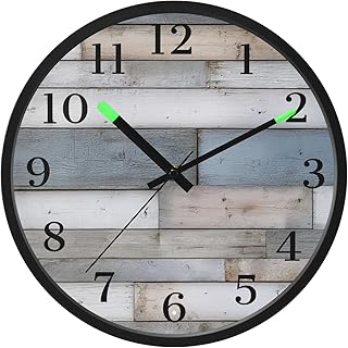 Blue Wood Night Light Wall Clock Light Up Luminous Non-Ticking Silent Battery Operated Clocks 12 Inch for Kitchen Home
