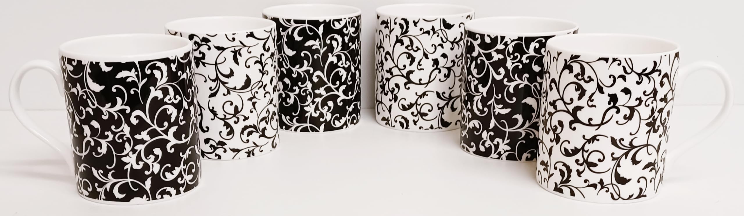 Weneckie czarno-białe kubki z porcelany kostnej duże balmoralne 414 ml 400 ml kubki wirowe i liście ręcznie dekorowane w Wielkiej Brytanii