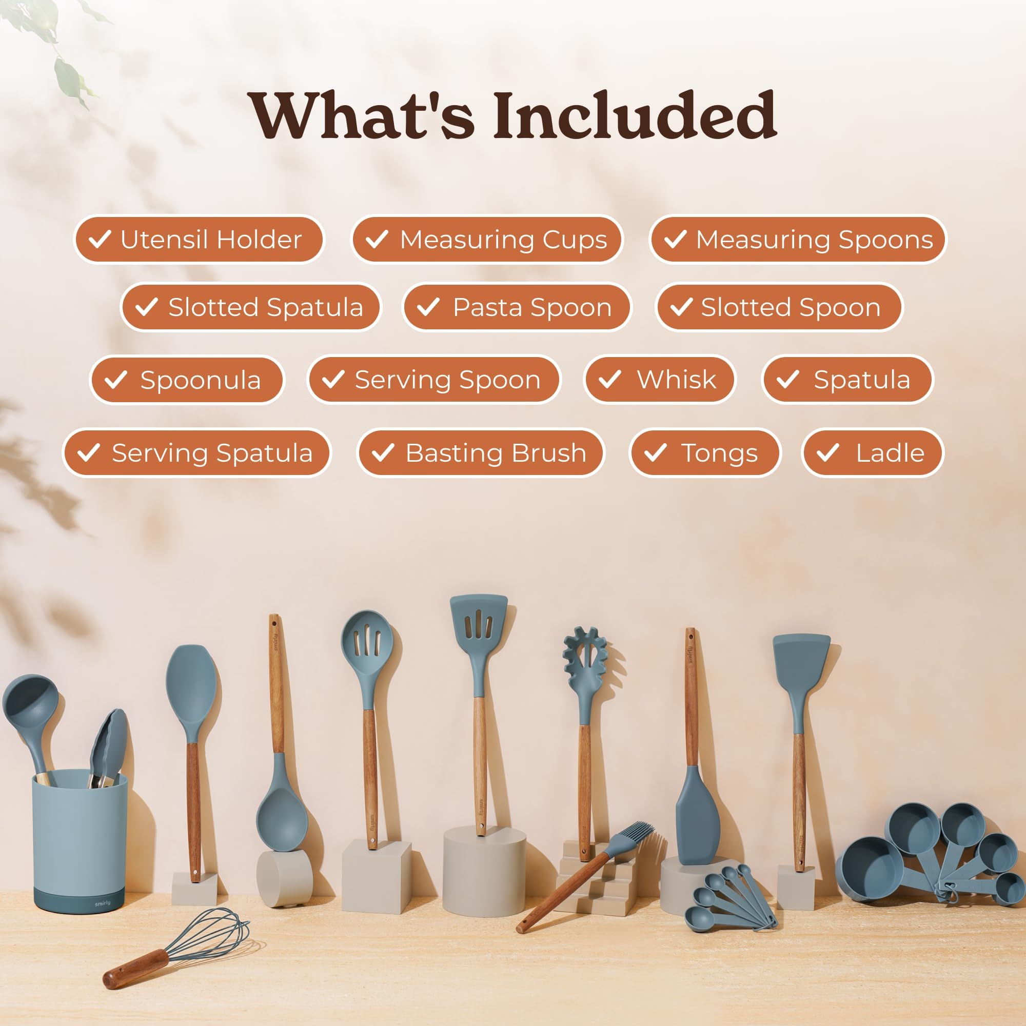 SMIRLY Silicone Kitchen Utensils Set & Holder: Cooking Utensils Set - Kitchen Essentials for New Home & 1st Apartment- Silicone Spatula Set, Cooking Spoons for Nonstick Cookware (Acacia Wood, Blue)