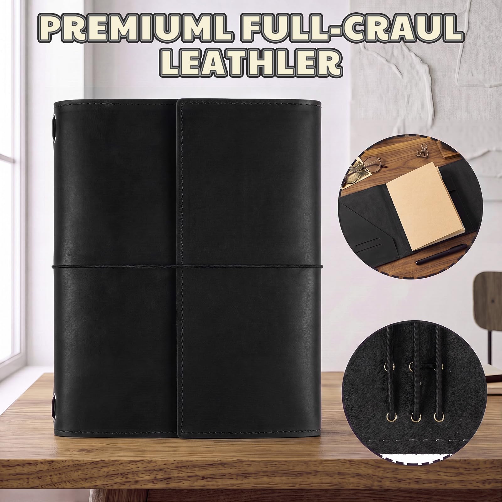 Carnet de voyage rechargeable en cuir véritable, noir, A5