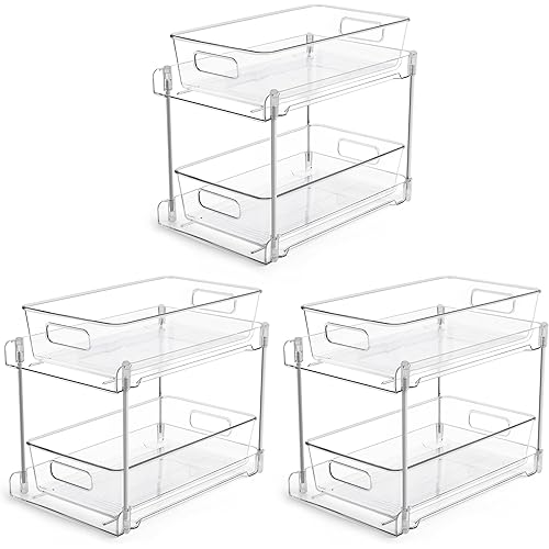 2 Tier Bathroom Storage Organizer, Vtopmart 3 Pack Clear Under Sink Organizers Vanity Counter Storage Container, Medicine Cabinet Drawers Bins, Pull-Out Organization with Track for Pantry, Kitchen