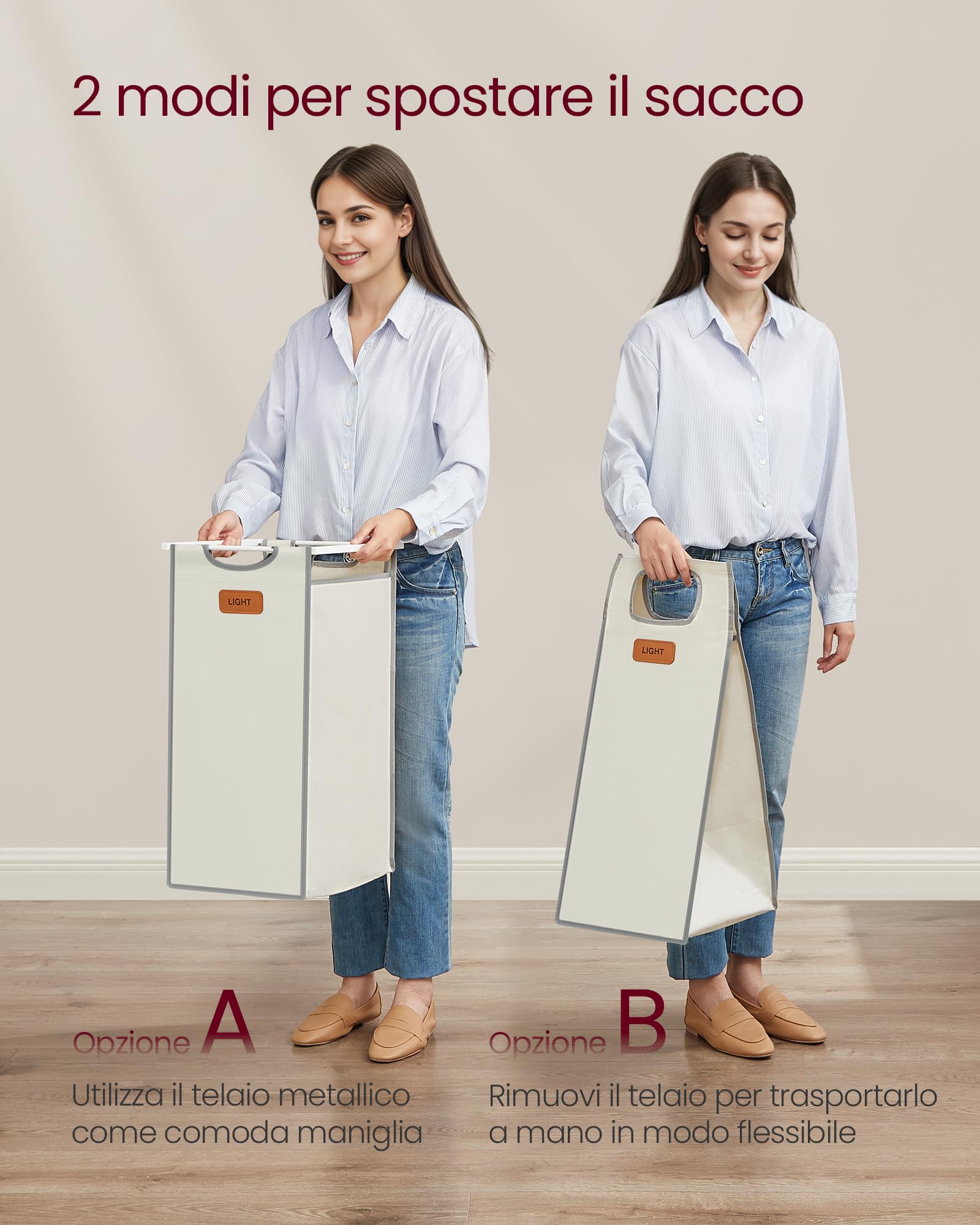 VASAGLE Cesto Portabiancheria a 2 Scomparti, 100 L, Sacchi Rimovibili | Carrello per Biancheria, con Ripiani, 6 Etichette, Beige Naturale, Grigio Tortora, Bianco Crema, Collezione STEVIE BLH311G01