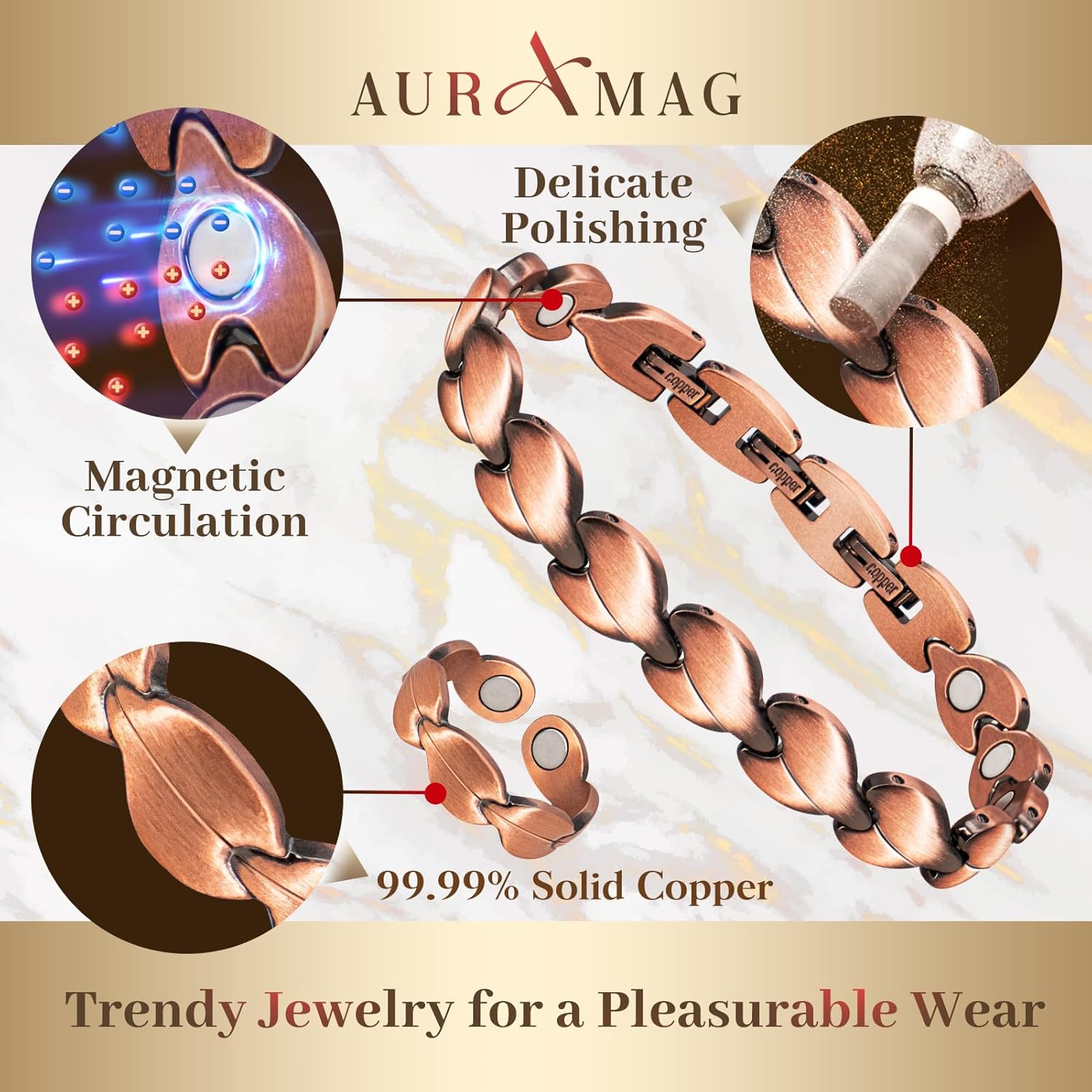 Pure Copper Bracelets for Women, Ultra Strength Magnetic Bracelets & Copper Rings, 100% Pure Copper Jewelry with Adjustable Tool - Image 3