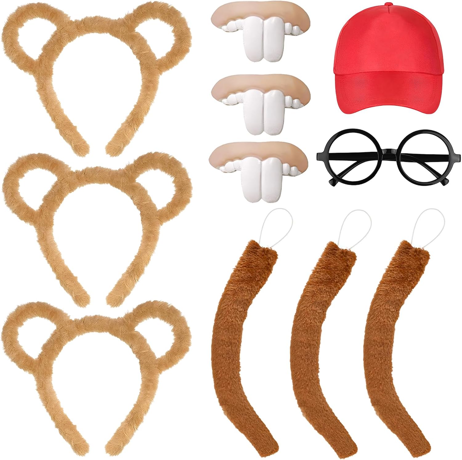 Yi-gog 9PCS Chipmunks Costumes Accessory Set Halloween Animal Ears Headband Tail Frame Glasses Red Hat Halloween Party Cosplay Supplies