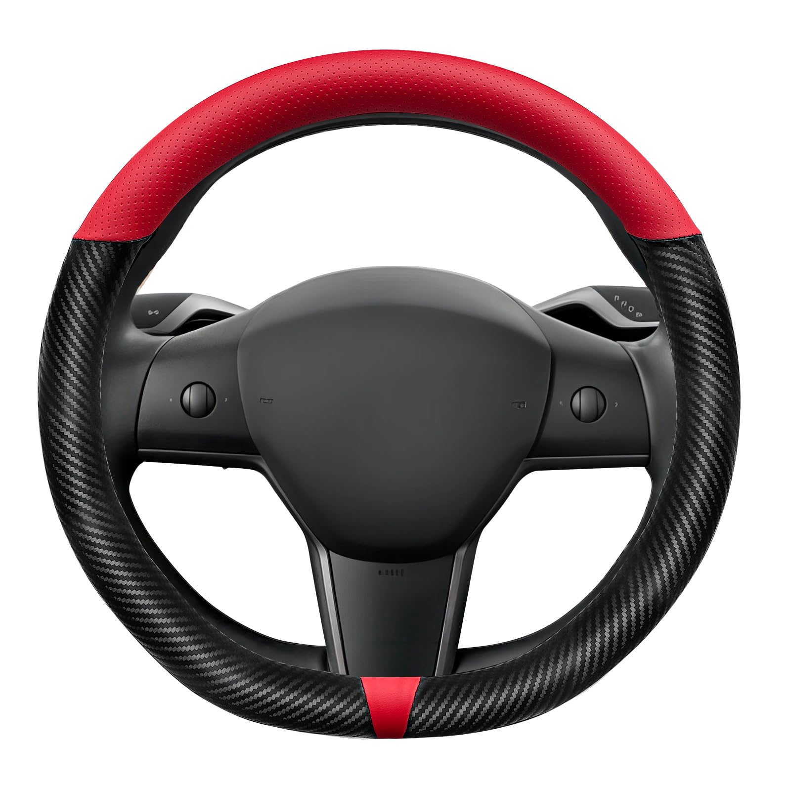 Carbon Fiber Steering Wheel Cover for Tesla Model 3/Y, Red Napa Leather, Easy to Grip, Tight Fit, Black Steering Wheel Covers for Model 3/Y Accessories (Red Napa-Carbon Fiber)