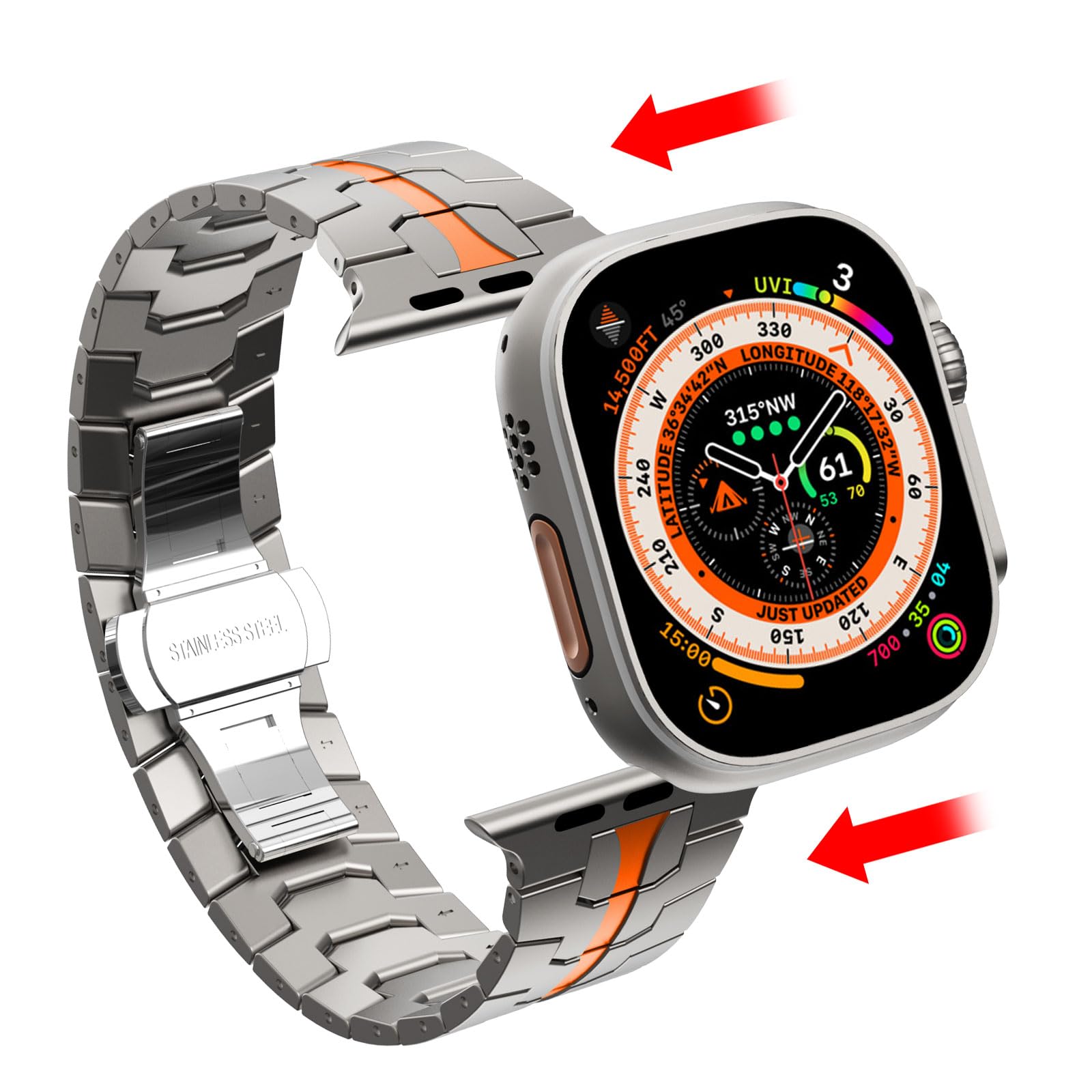 KADES Bracelet à maillons en acier inoxydable compatible avec Apple Watch, homme et femme, pour iWatch Ultra 2/Ultra Series 9, 8, 7, SE, Series 6, 5, 4, 3, 2, 1, 49 mm, 45 mm, 44 mm, 42 mm