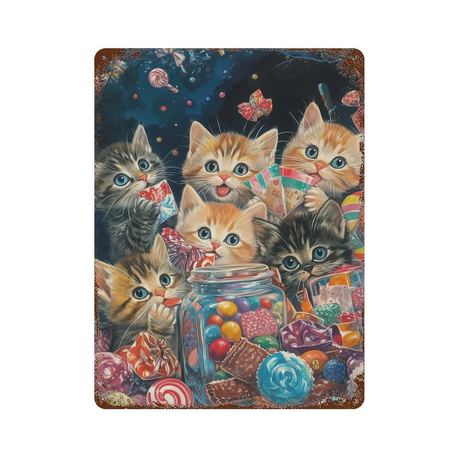 Kittens And Candy Rusty Metal Tin Sign 15.7"x11.8", Ideal for Farmhouse, Kitchen And Entryway Decor